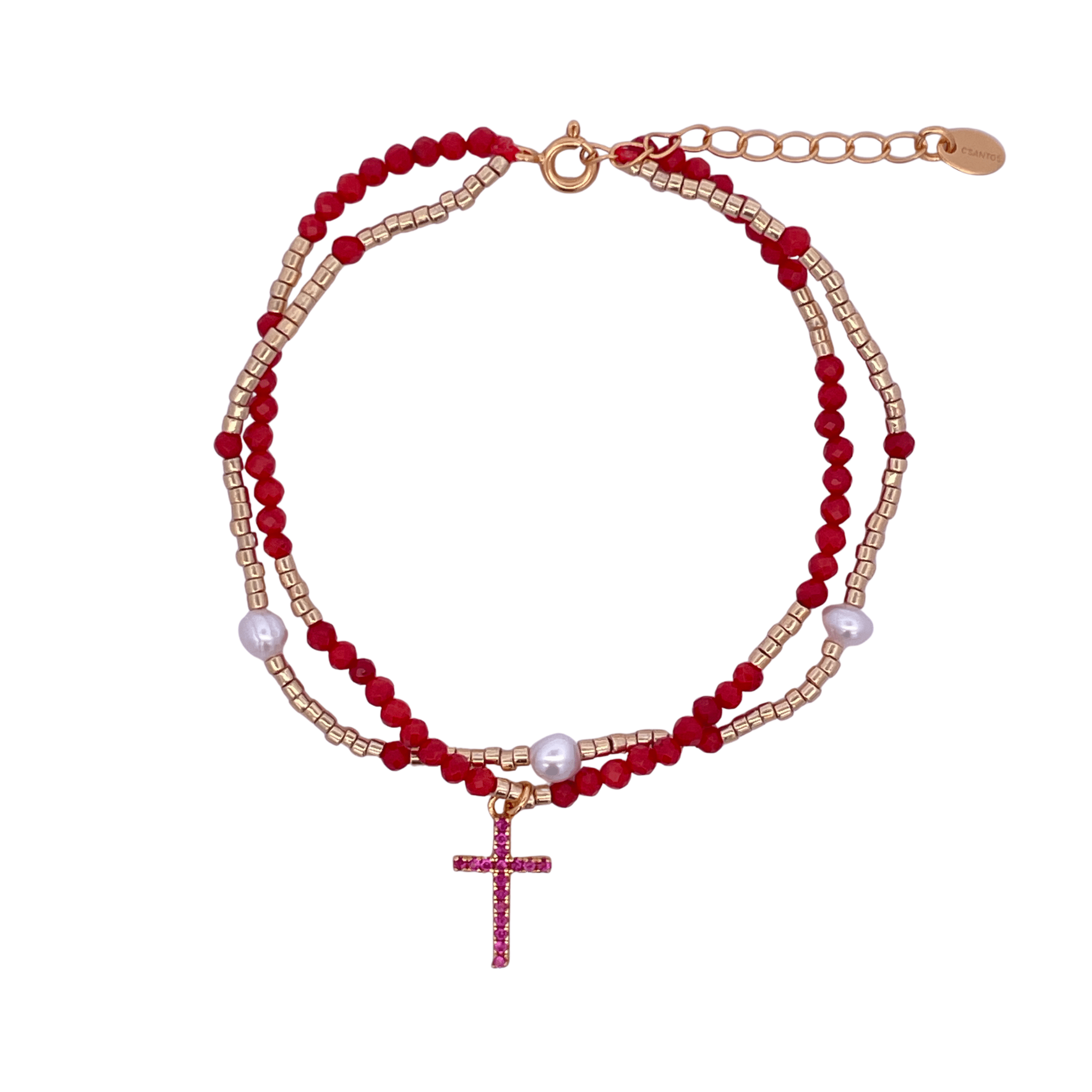 925YG DOUBLE LINE AND CROSS BRACELET CORAL - C'SANTOS