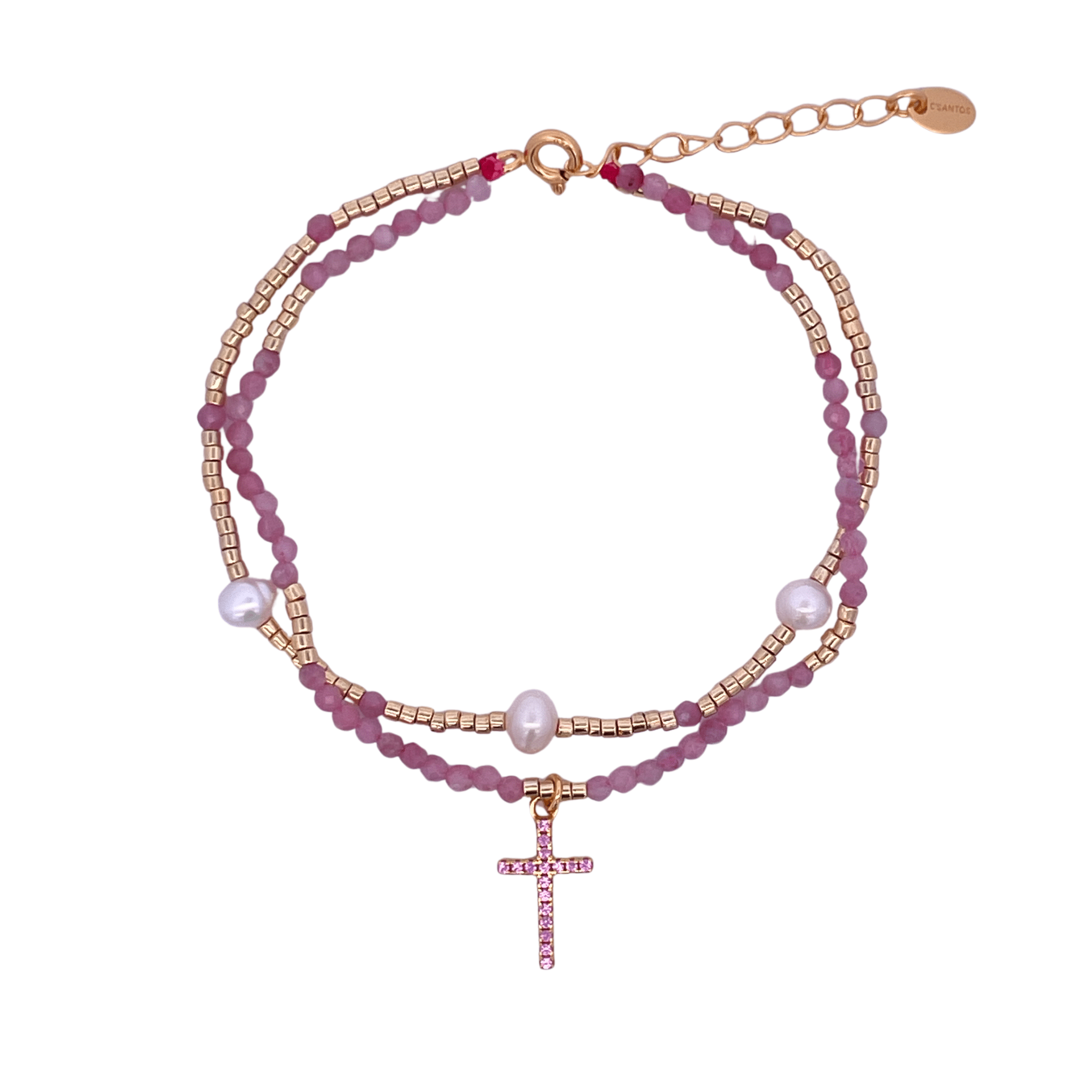 925YG DOUBLE LINE AND CROSS BRACELET PINK TOURMALINE - C'SANTOS