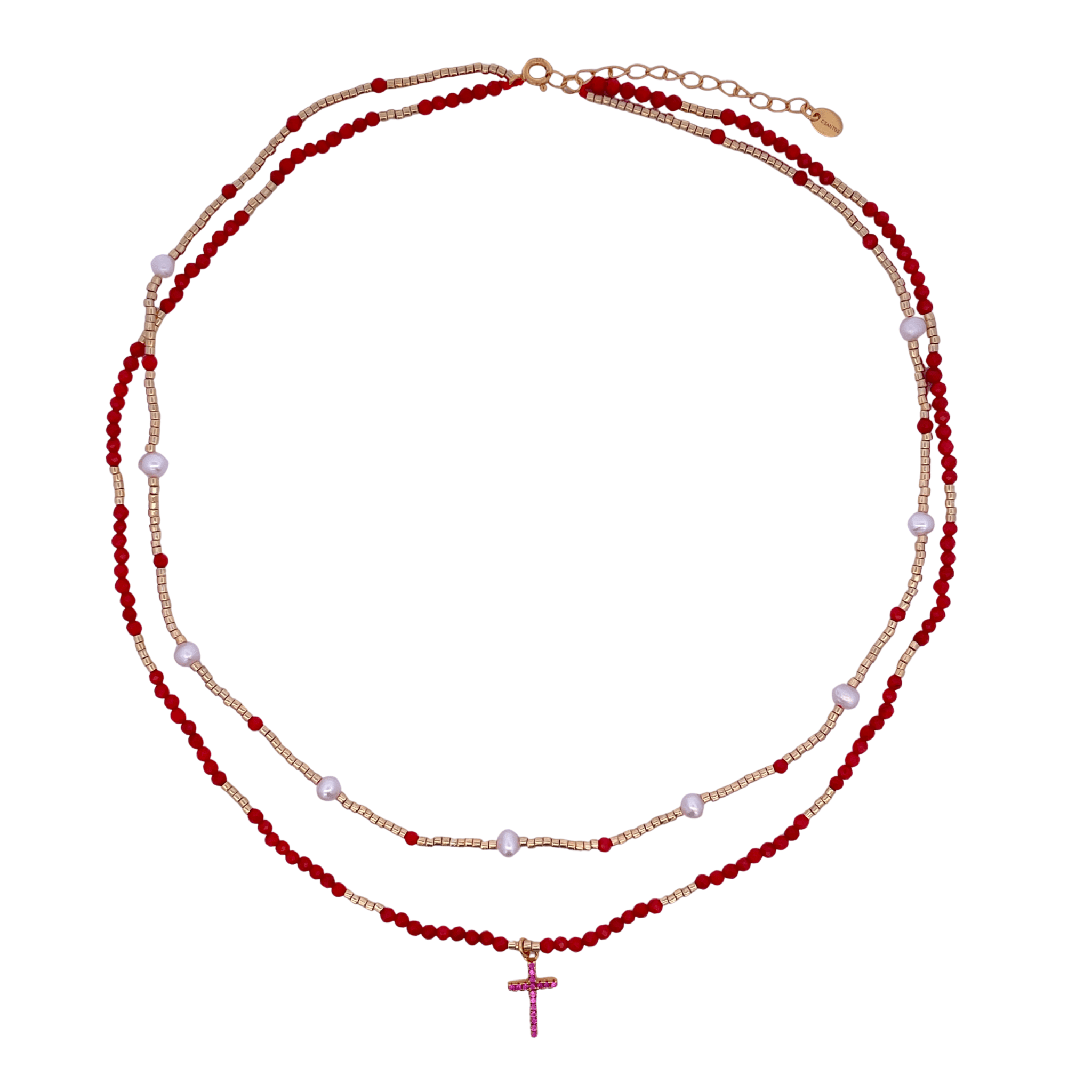 925YG DOUBLE LINE AND CROSS NECKLACE CORAL & PEARL - C'SANTOS