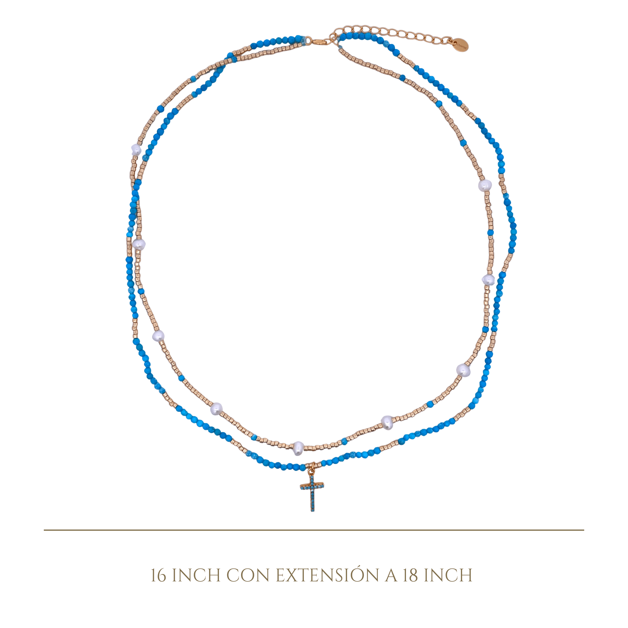 925YG DOUBLE LINE AND CROSS NECKLACE TURQUOISE - C'SANTOS