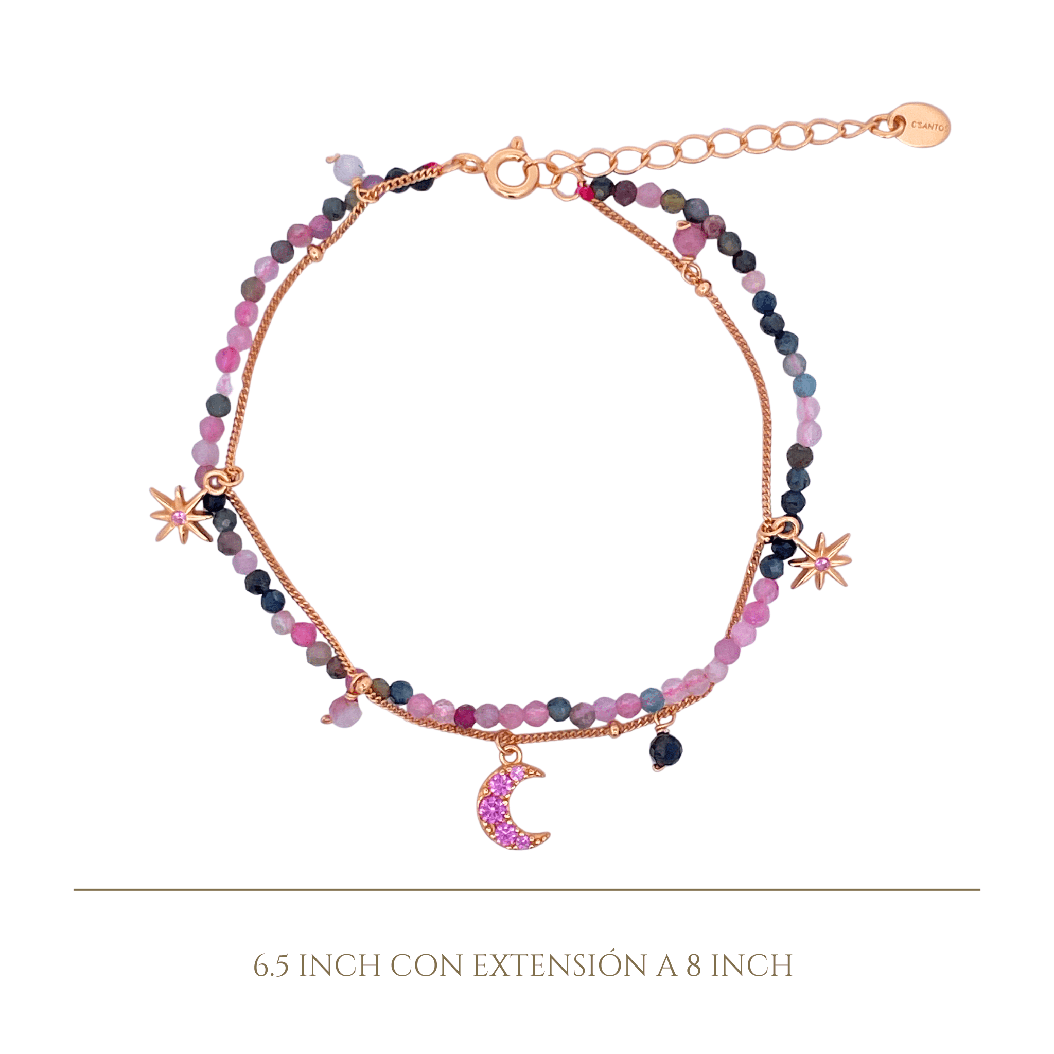 925YG DOUBLE LINE WITH CENTER MOON AND MULTI CHARM BRACELET TOURMALINE - C'SANTOS