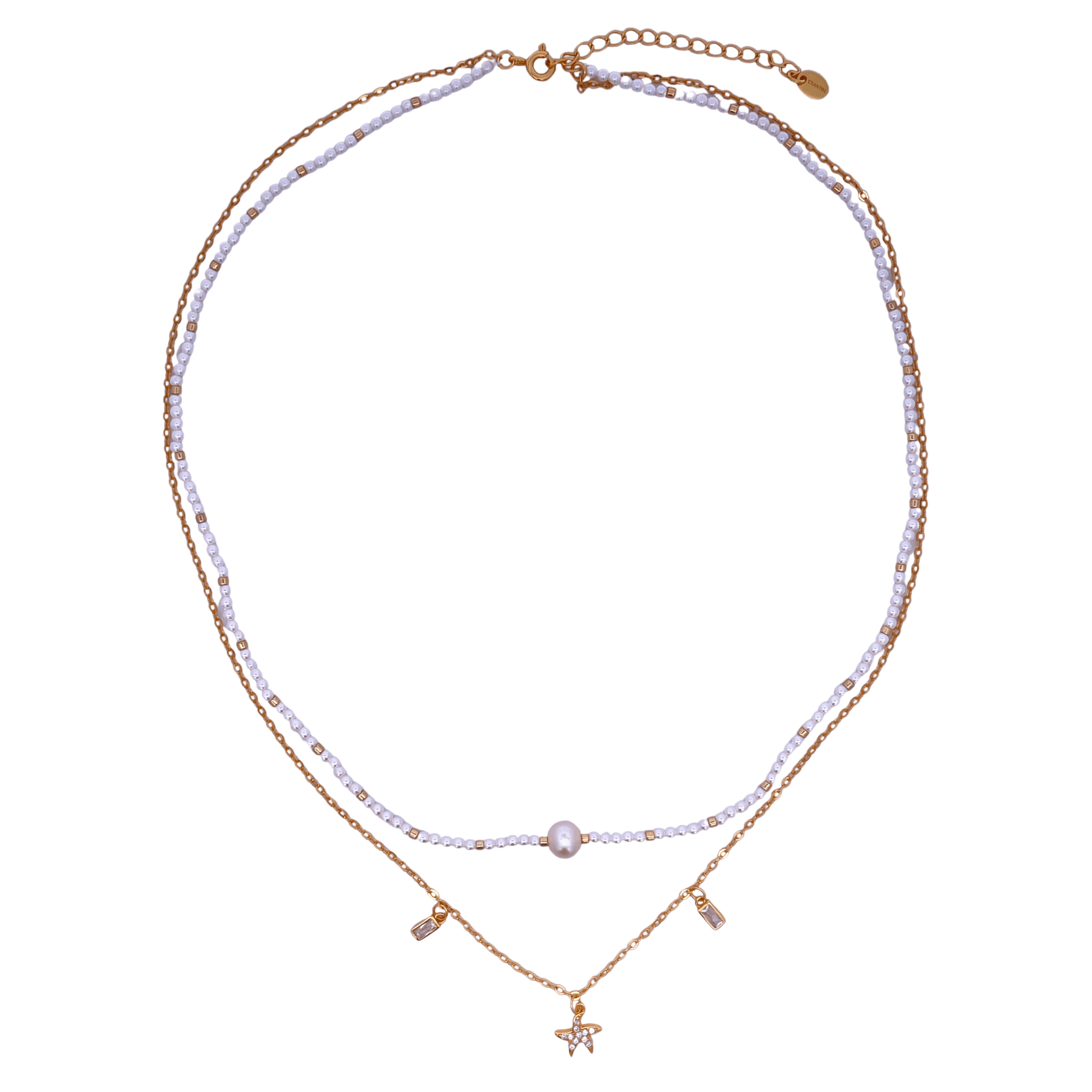 925YG DOUBLE LINE WITH STAR AND BAGUETTES NECKLACE SHELL PEARL SYN PEARL - C'SANTOS