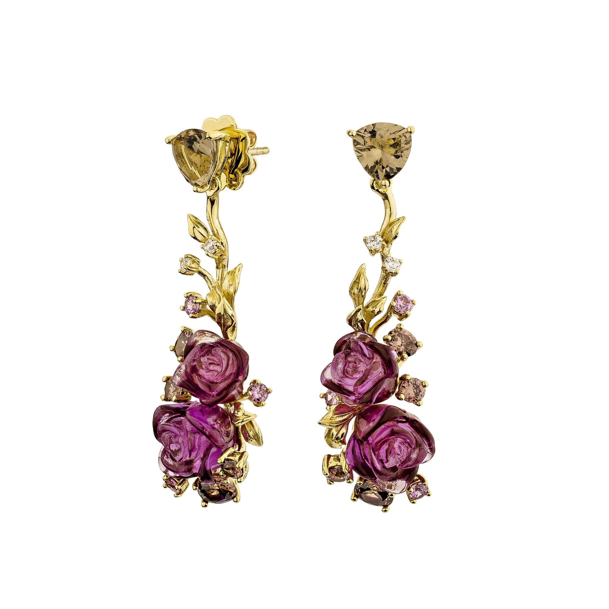 925YG DROP FLOWER RESIN AMETHYST BROWN WHITE CZ EARRINGS - C'SANTOS