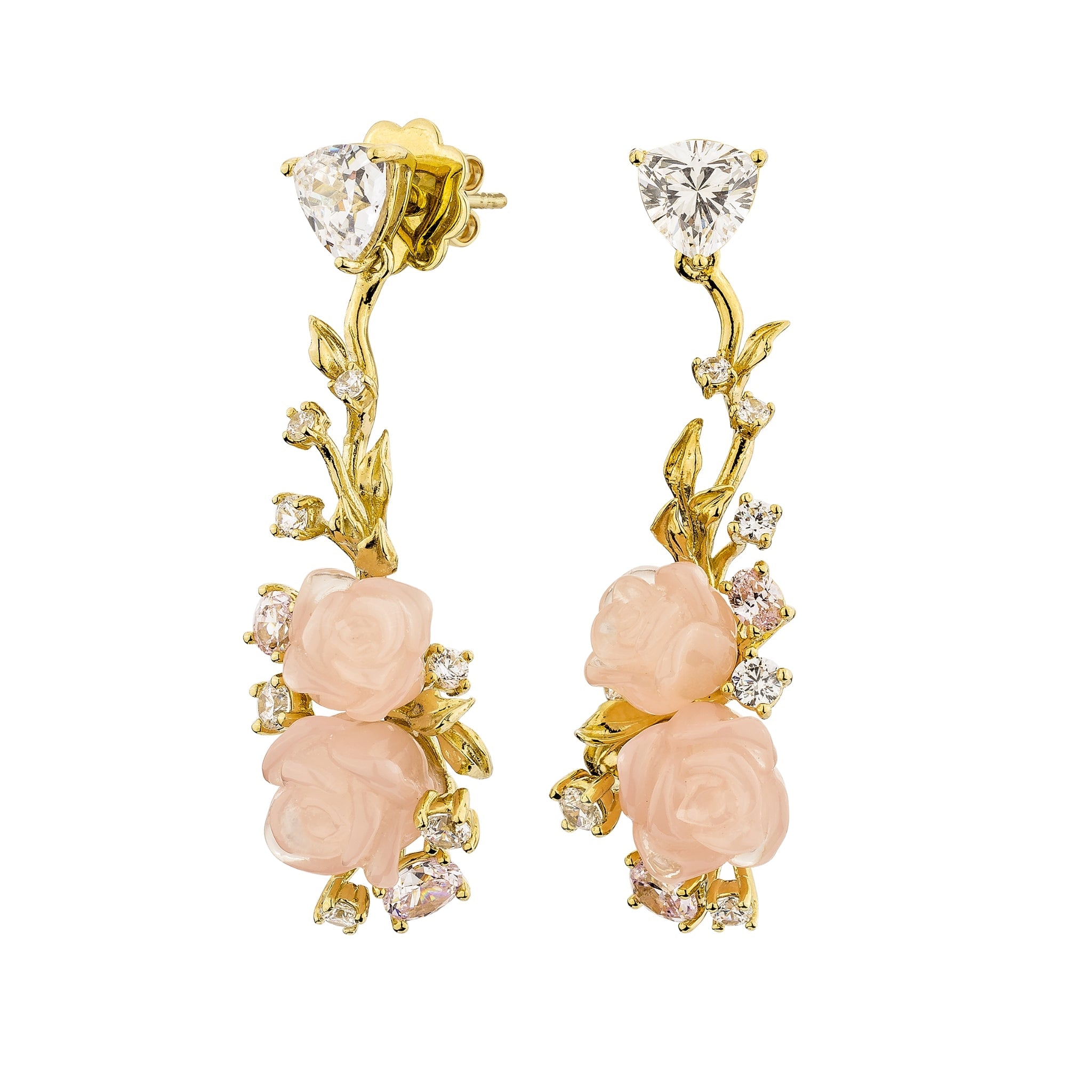 925YG DROP FLOWER RESIN ROSE QUARTZ CANNARY WHITE CZ EARRINGS - C'SANTOS