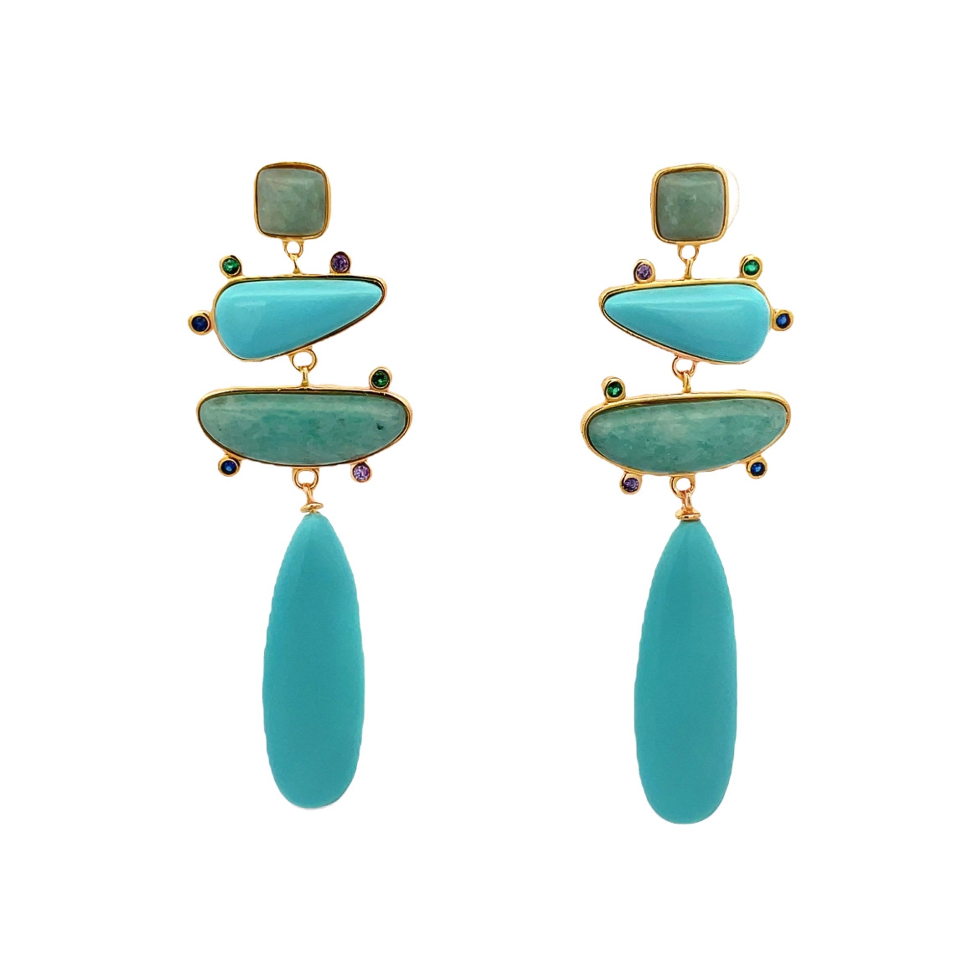 925YG DROP OVAL IRREGULAR AND BEZEL AMAZONITE EARRINGS - C'SANTOS