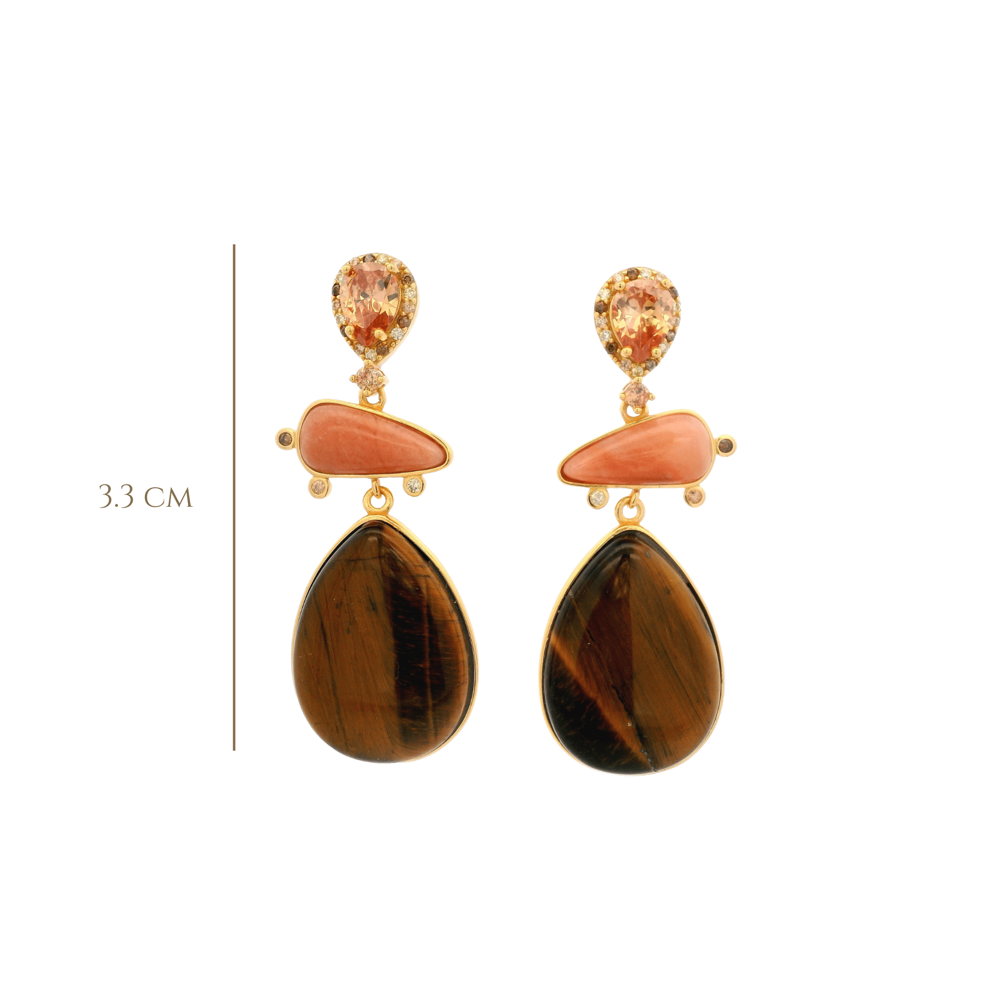 925YG DROP TRIPLE SHAPE EARRINGS TIGERS EYE & CZ - C'SANTOS