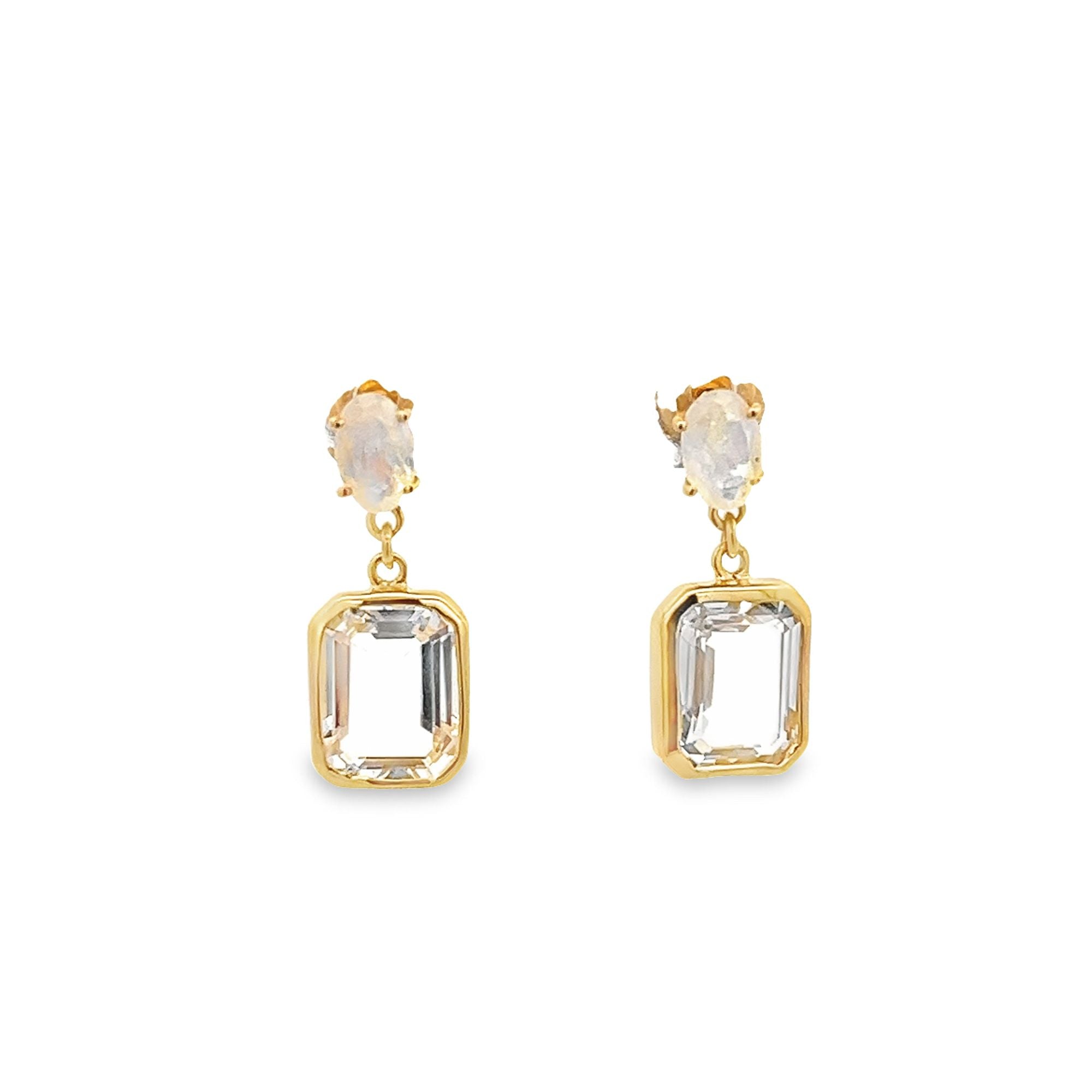 925YG EMERALD CUT ROCK CRYSTAL OVAL MOONSTONE EARRING - C'SANTOS