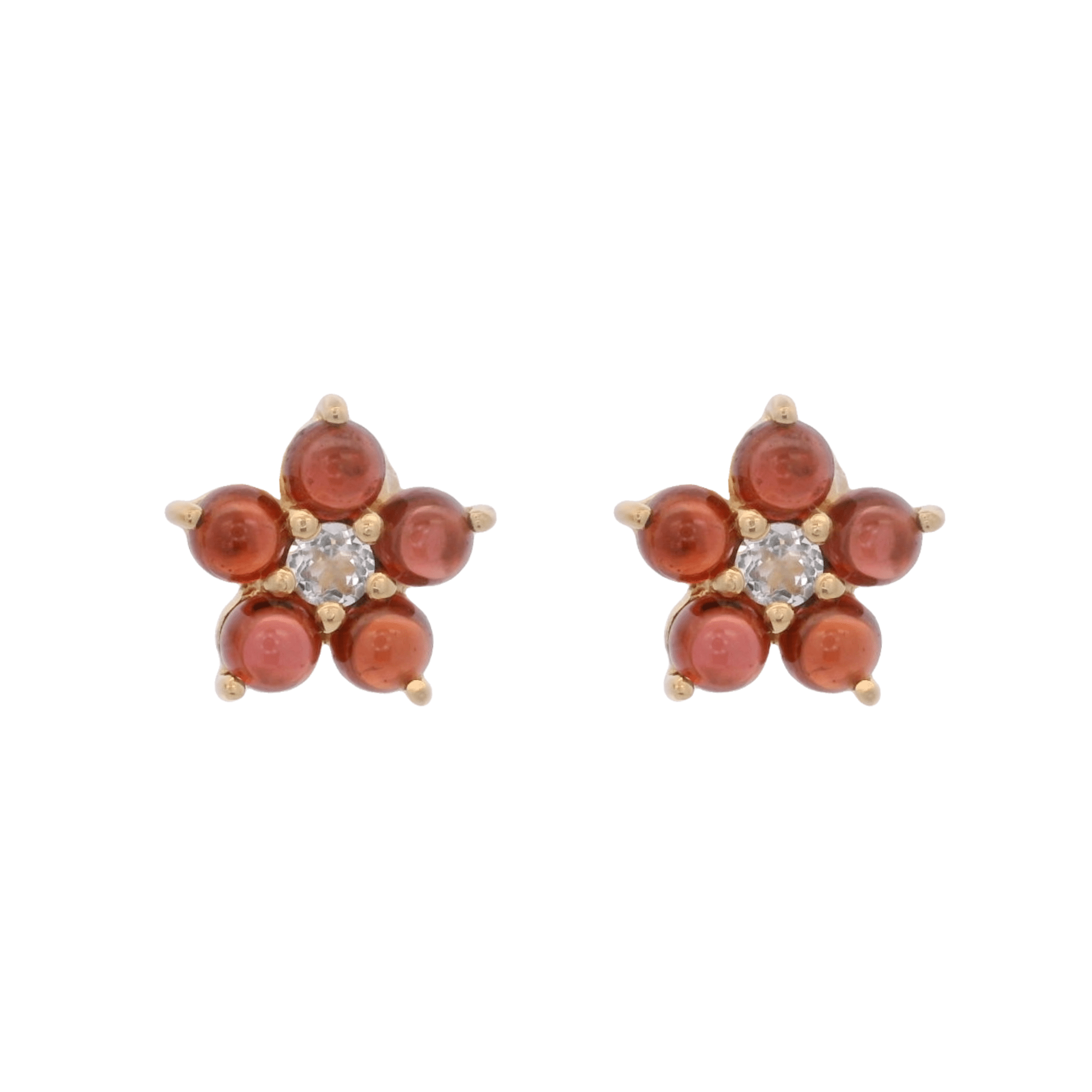 925YG FLOWER 10MM GARNET CENTER TOPAZ WHITE EARRINGS - C'SANTOS