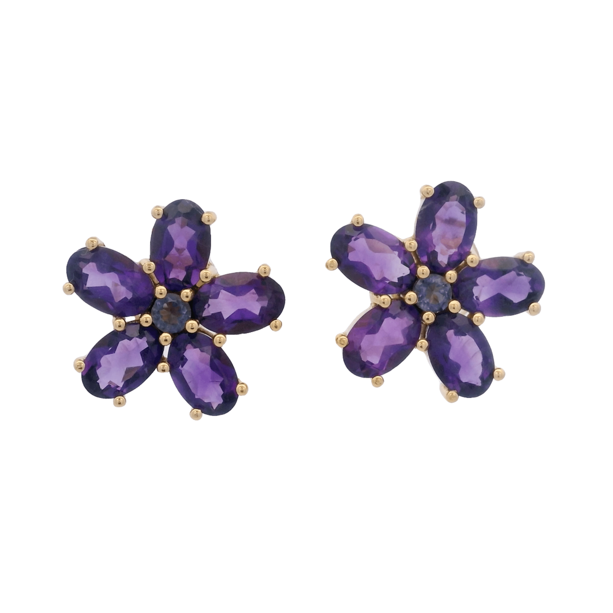 925YG FLOWER 14MM AMETHYST CENTER IOLITE EARRINGS - C'SANTOS