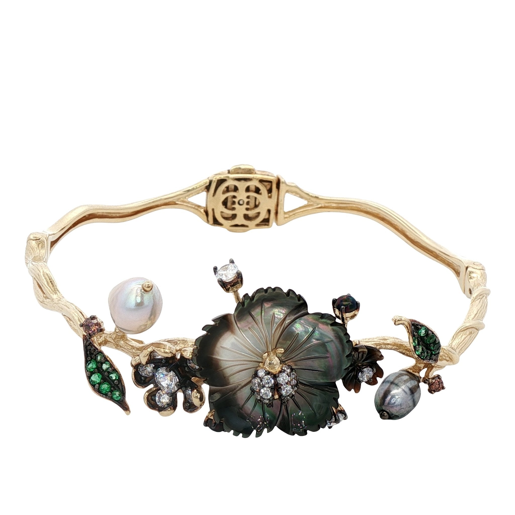 925YG FLOWER SHELL BLACK AND SYN OPAL PEAL BLACK GREY BRACELET - C'SANTOS