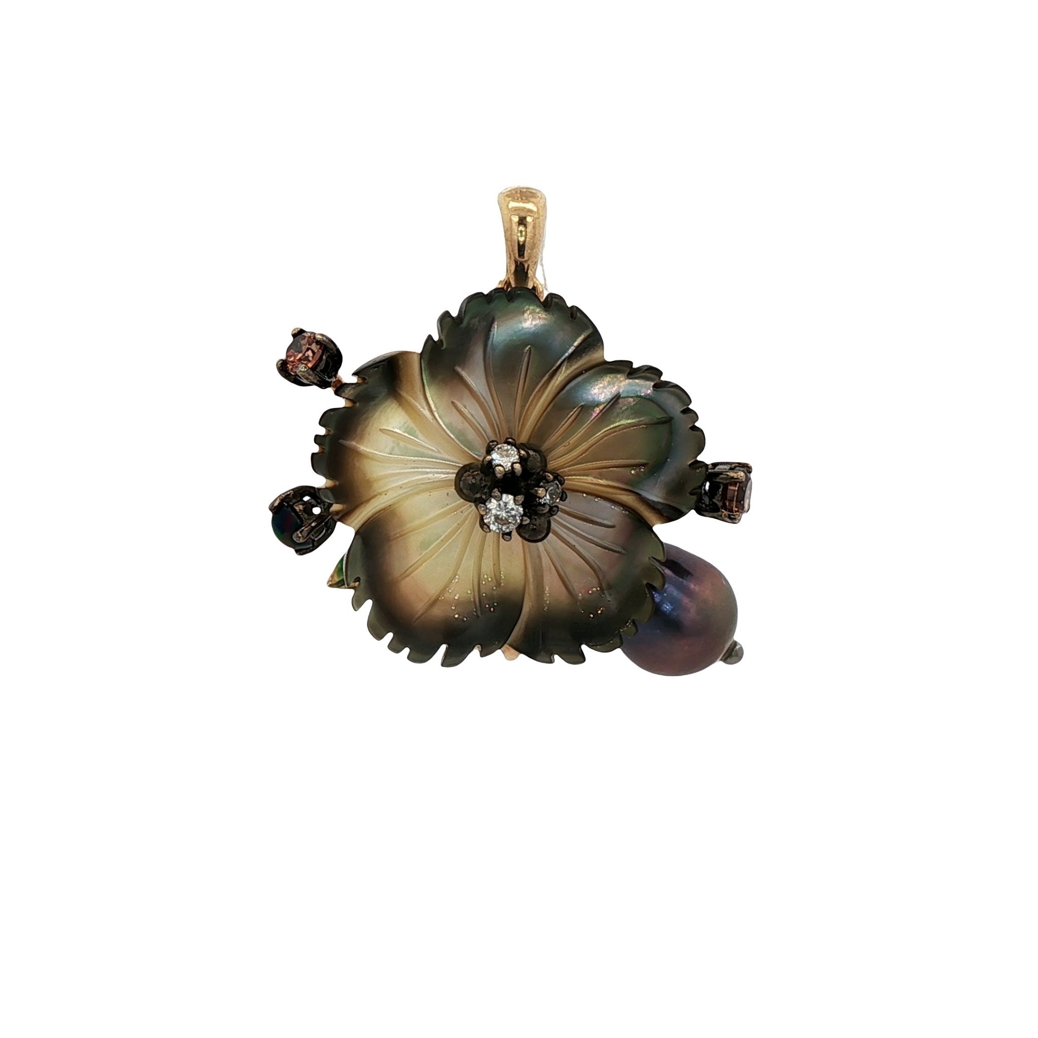 925YG FLOWER SHELL BLACK AND SYN OPAL PEAL BLACK GREY PENDANT - C'SANTOS