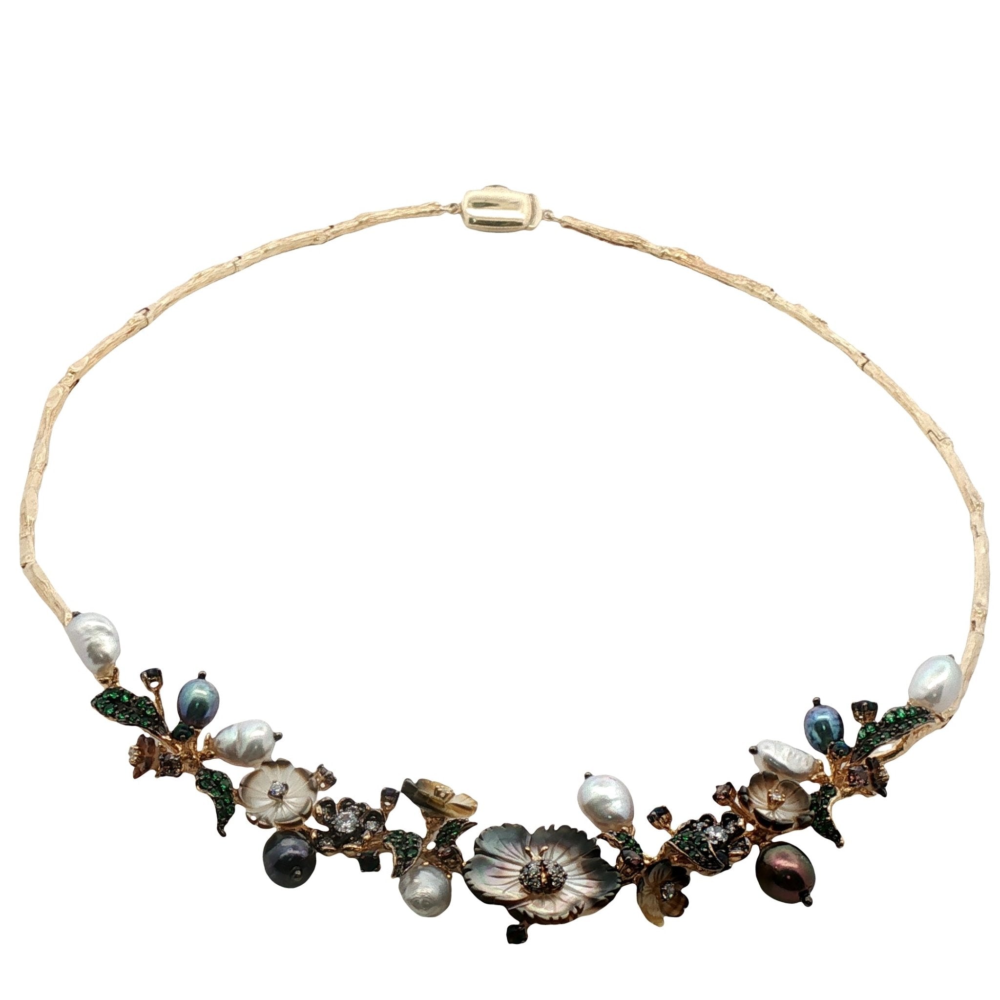 925YG FLOWER SHELL BLACK LADYBUG AND SYN OPAL PEAL BLACK GREY NECKLACE - C'SANTOS