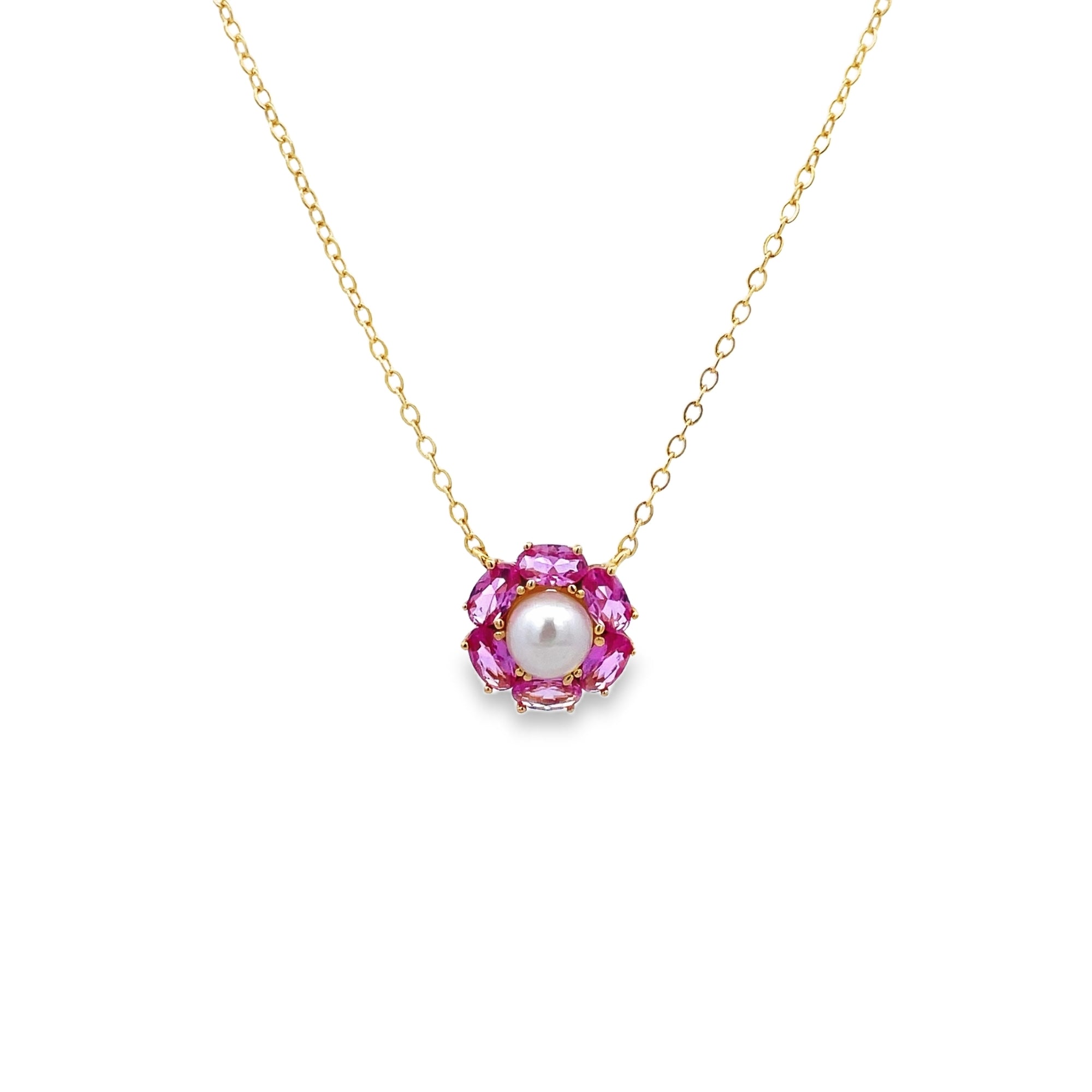 925YG FLOWER WITH 6 PETALS AND PEARL CENTER CZ PINK NECKLACE - C'SANTOS