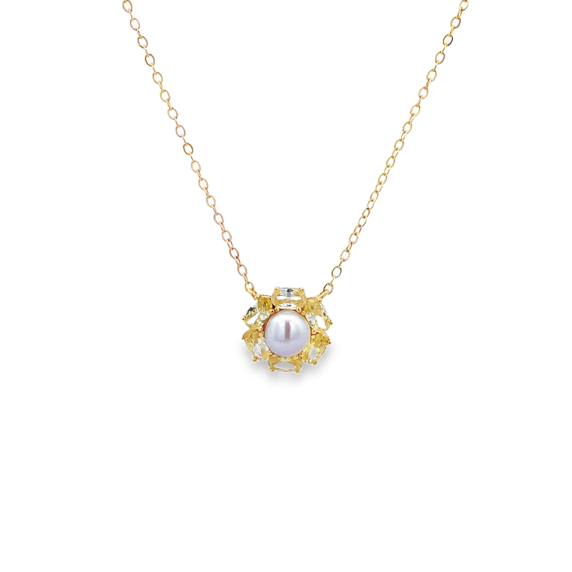 925YG FLOWER WITH 6 PETALS AND PEARL CENTER CZ YELLOW NECKLACE - C'SANTOS