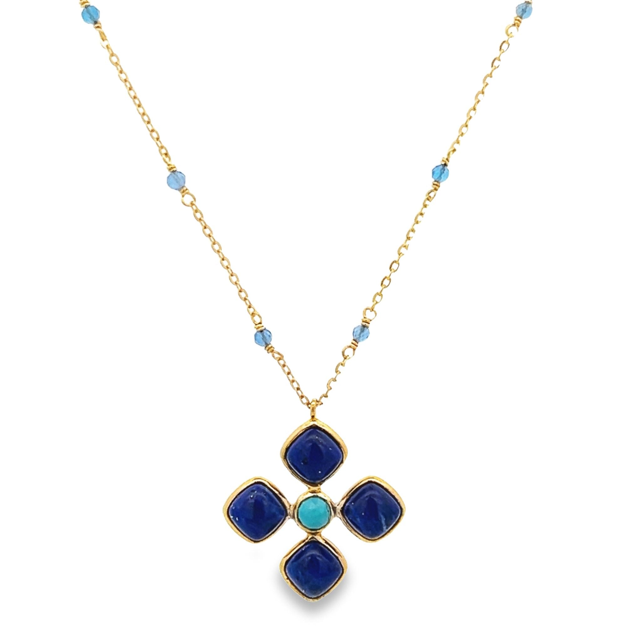 925YG FOUR PETAL FLOWER LAPIS LAZULI CHAIN BEADS CHALCEDONY BLUE NECKLACE - C'SANTOS