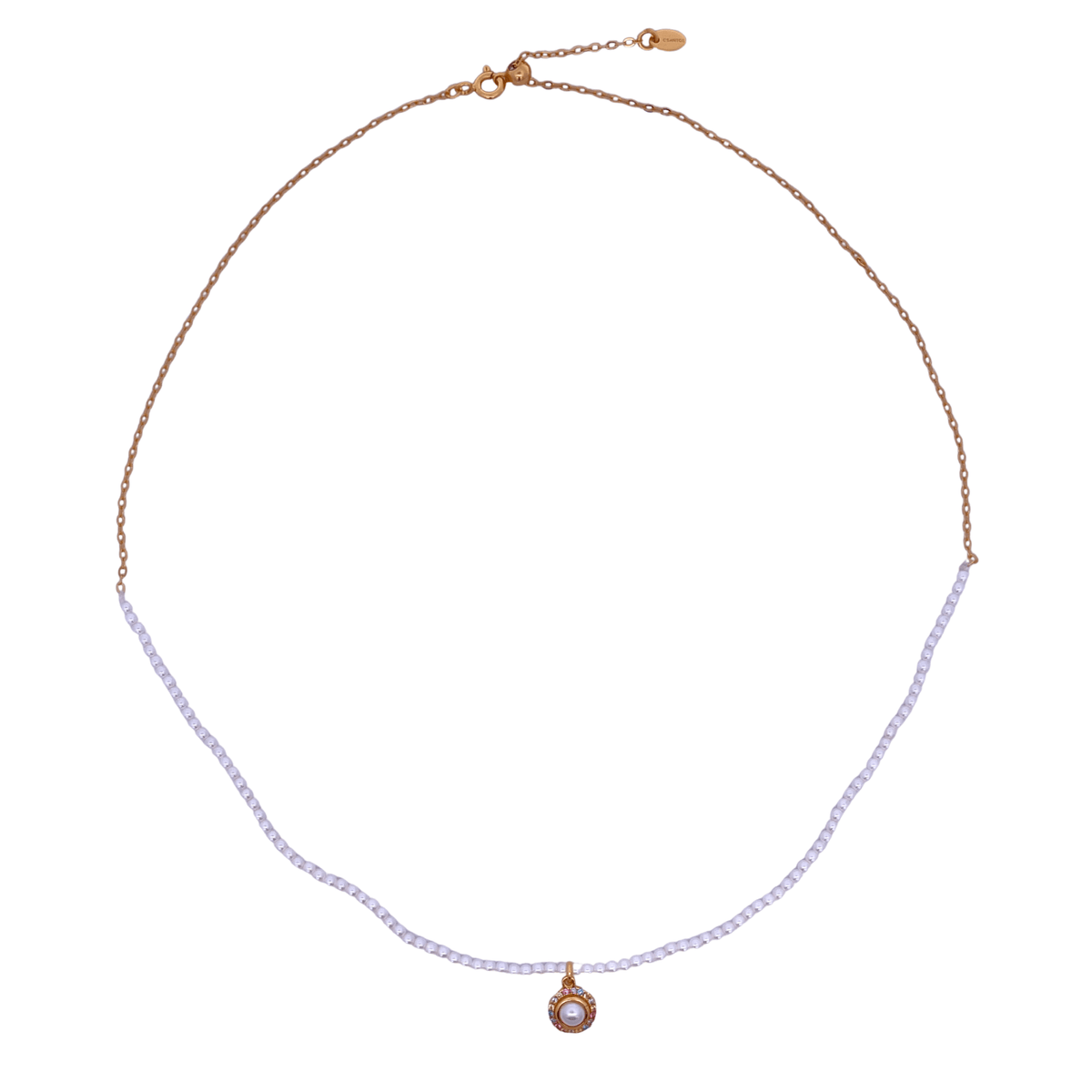 925YG HALF BEANDS WITH SOLITARY HALO NECKLACE SYN PEARL - C'SANTOS
