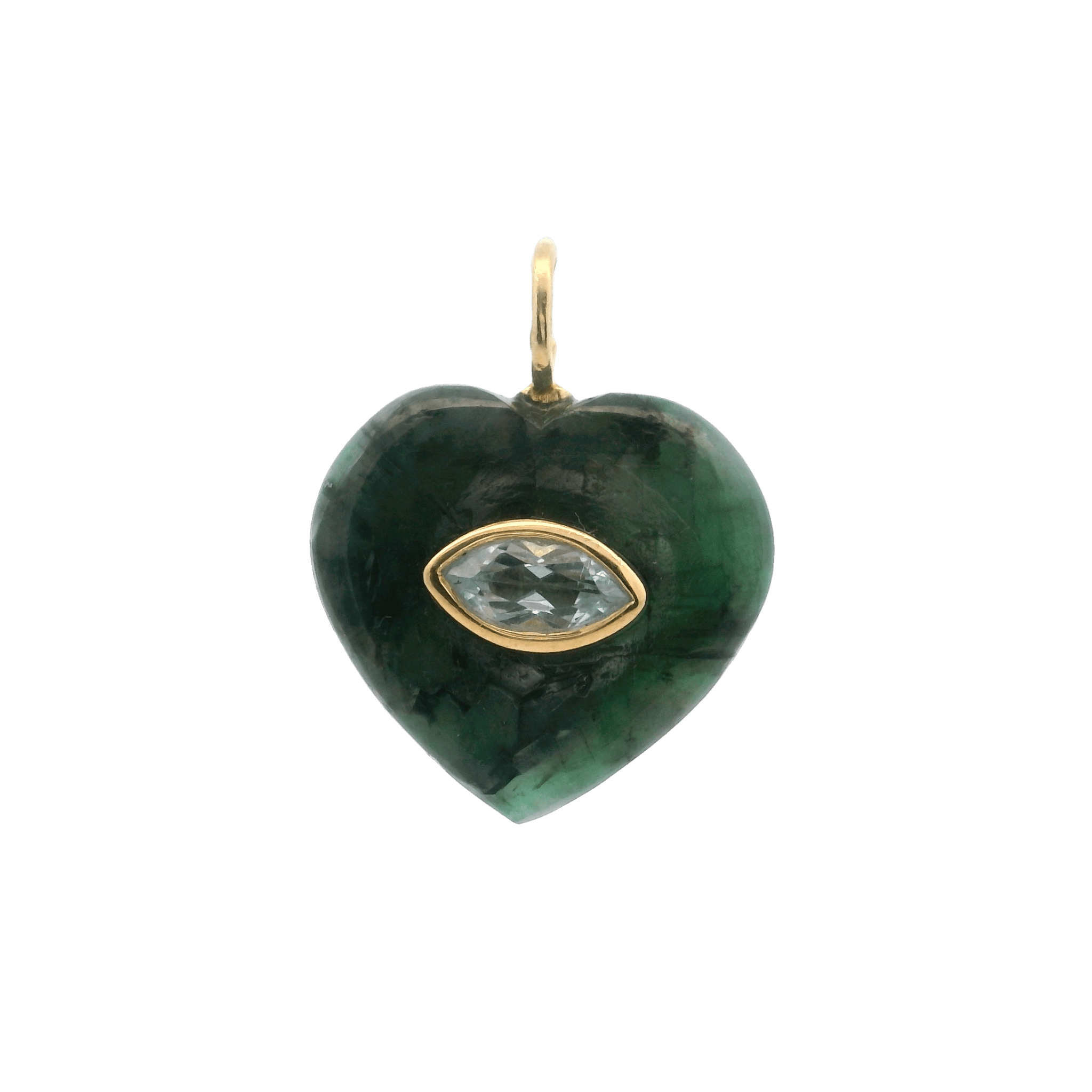 925YG HEART RAW EMERALD CENTER TOPAZ WHITE CHARM - C'SANTOS