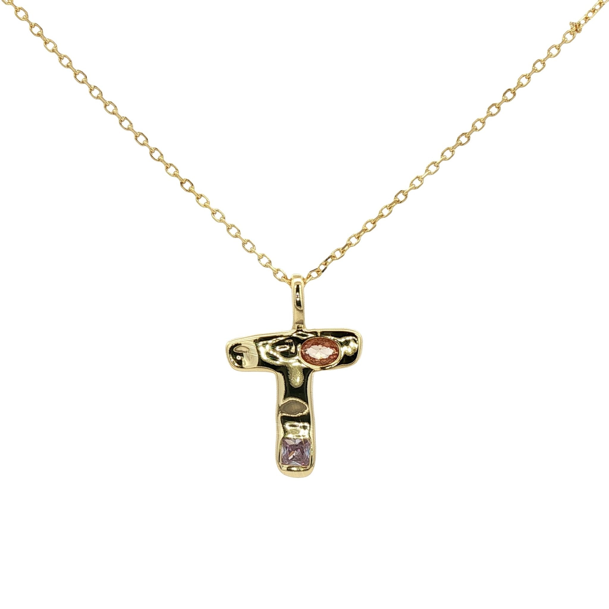 925YG INICIAL T MULTICOLOR CZ NECKLACE - C'SANTOS