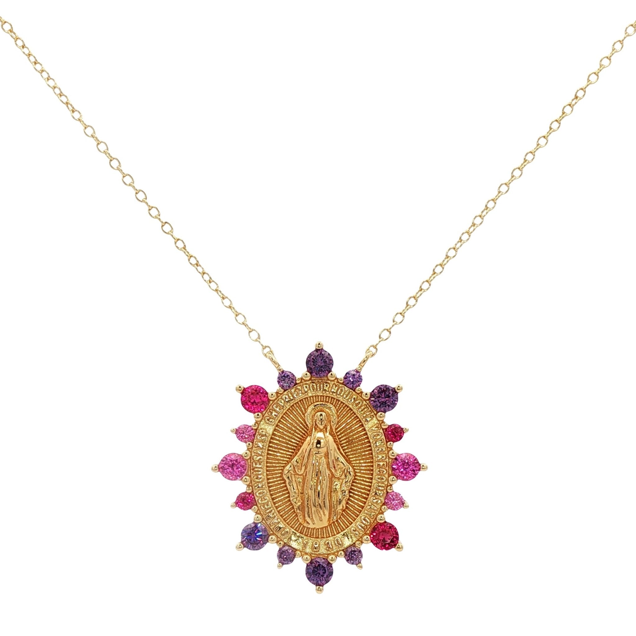 925YG MEDAL OF THE MIRACULOUS RUBY AND AMETHYST CZ NECKLACE - C'SANTOS