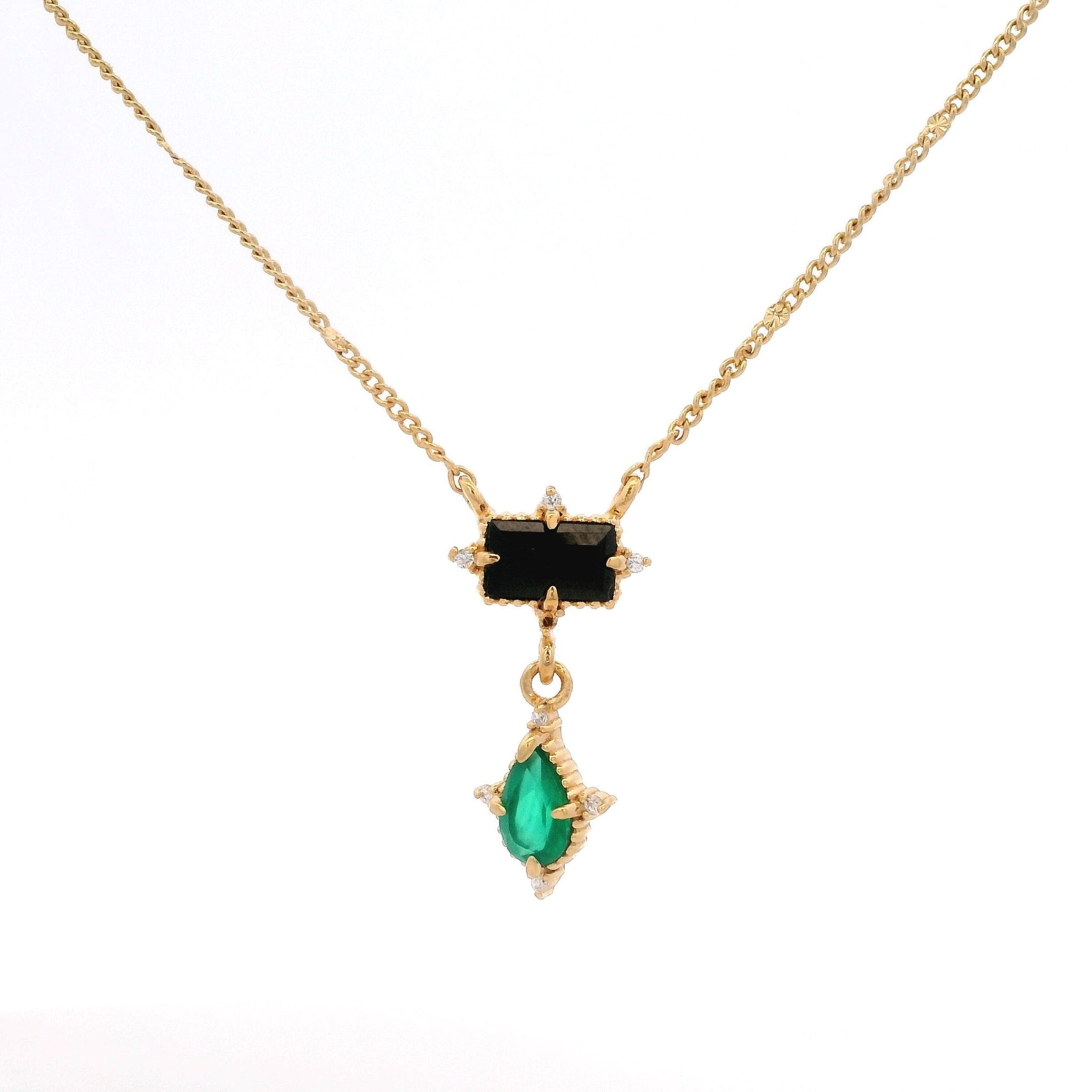 925YG MINI SQUARE SPINEL BLACK DROP ONYX GREEN NECKLACE - C'SANTOS