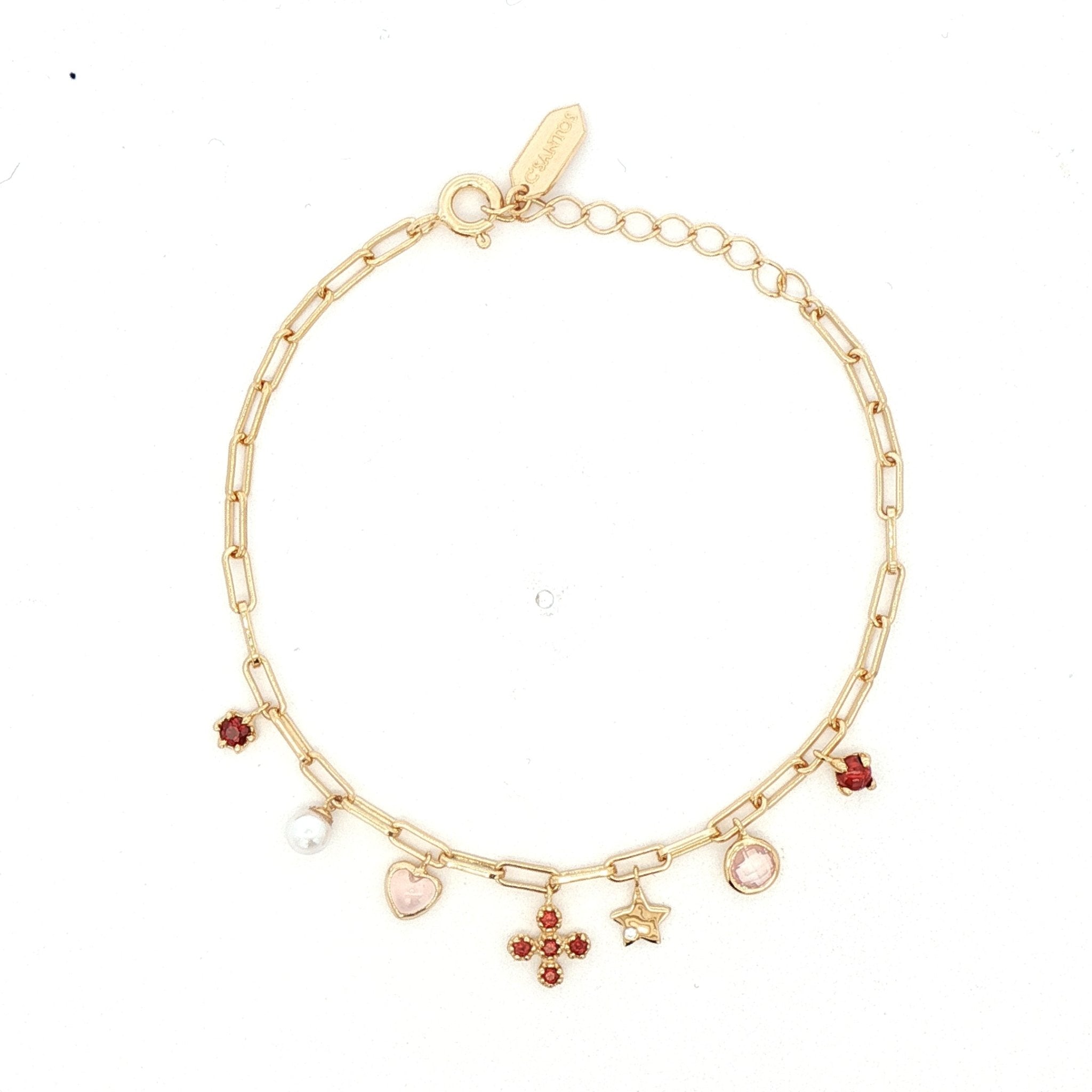 925YG MULTI CHARM HEART ROSE QUARTZ PEARL STAR BRACELET - C'SANTOS