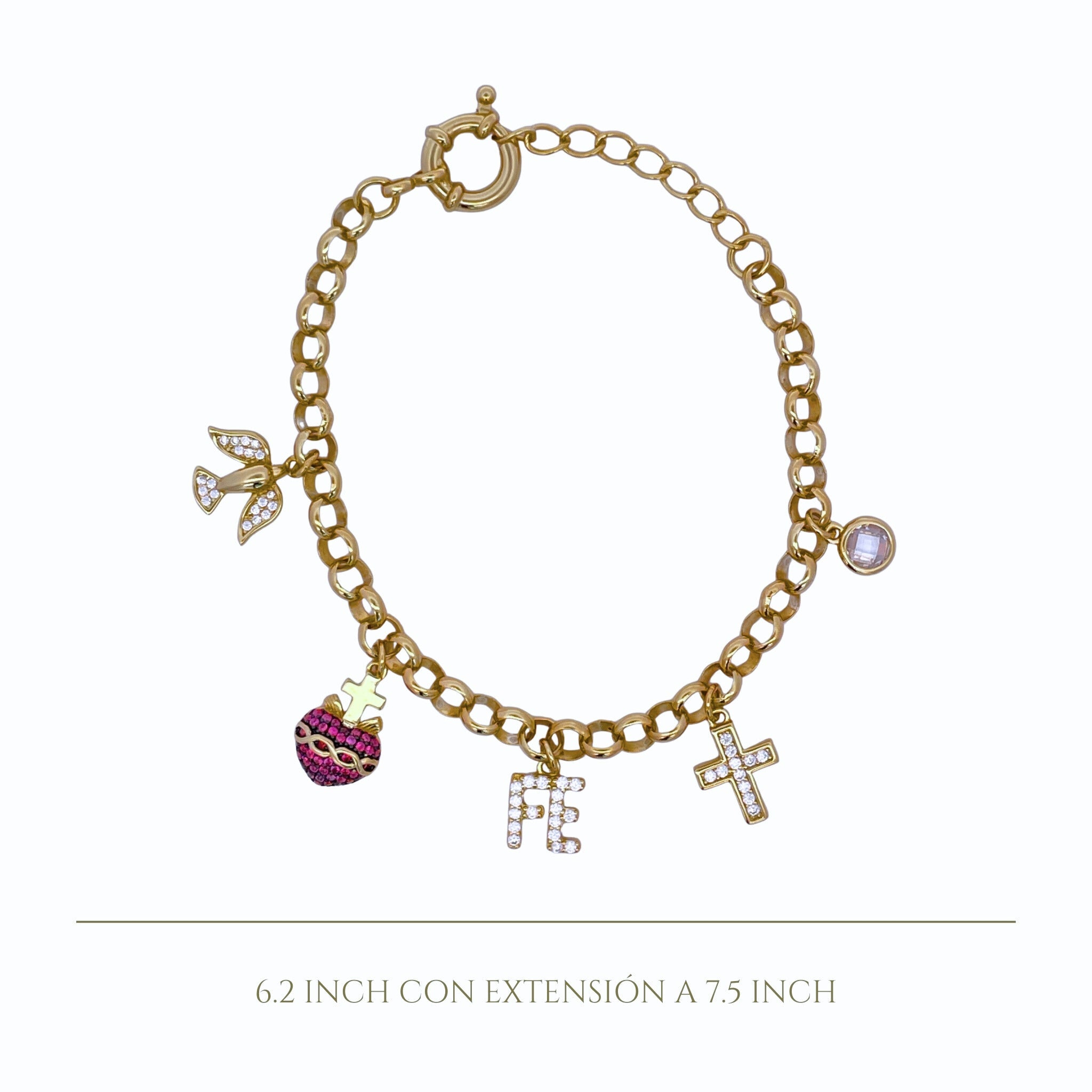 925YG MULTICHARMS RELIGIOUS HEART FUSHIA FE CROSS BRACELET - C'SANTOS