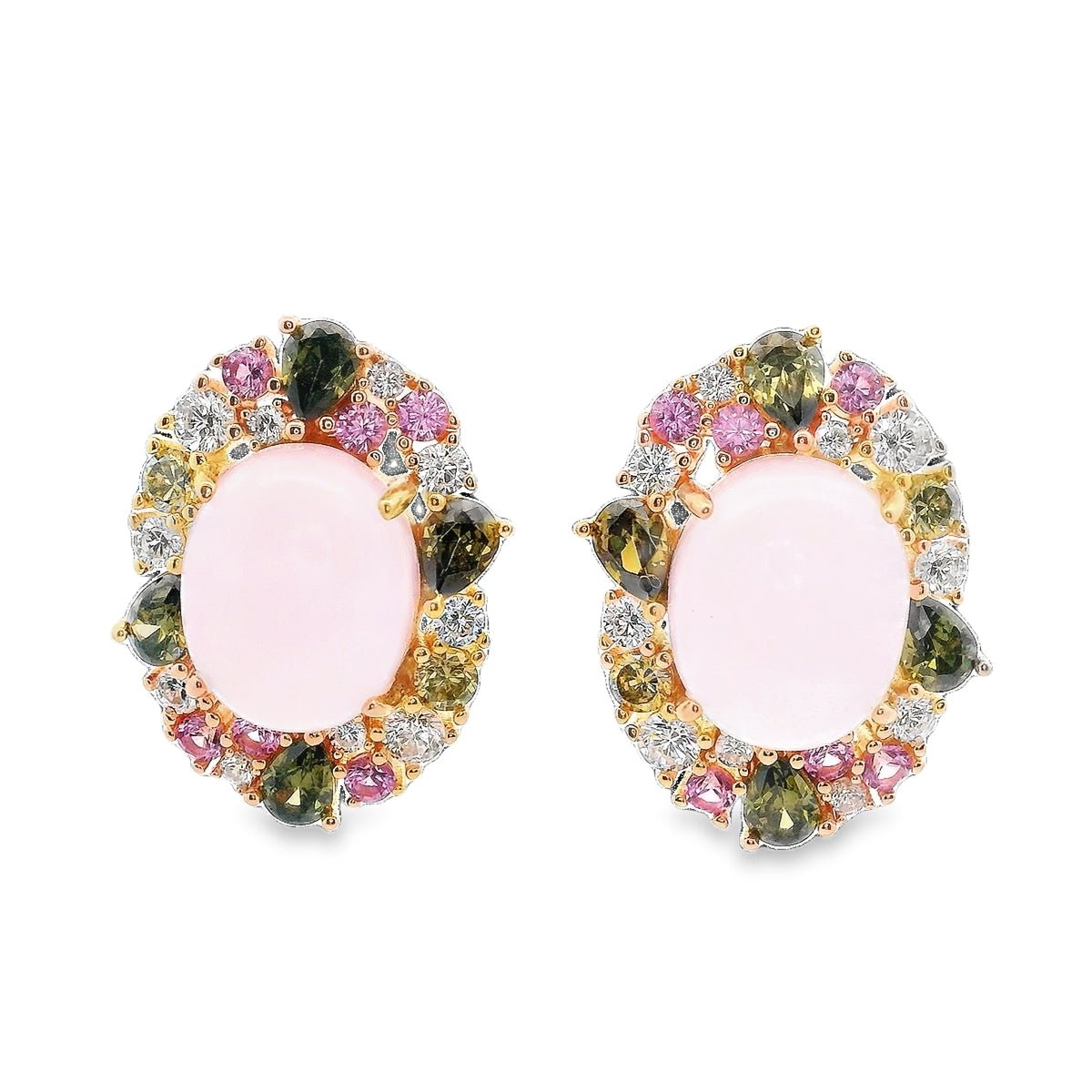 925YG OVAL CABUCHON PINK WITH CLUSTER MULTICOLOR CZ EARRINGS - C'SANTOS