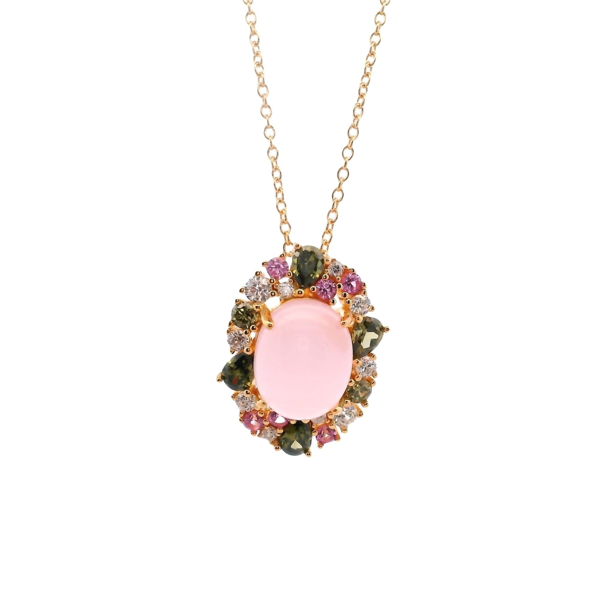 925YG OVAL CABUCHON PINK WITH CLUSTER MULTICOLOR CZ ENECKLACE - C'SANTOS