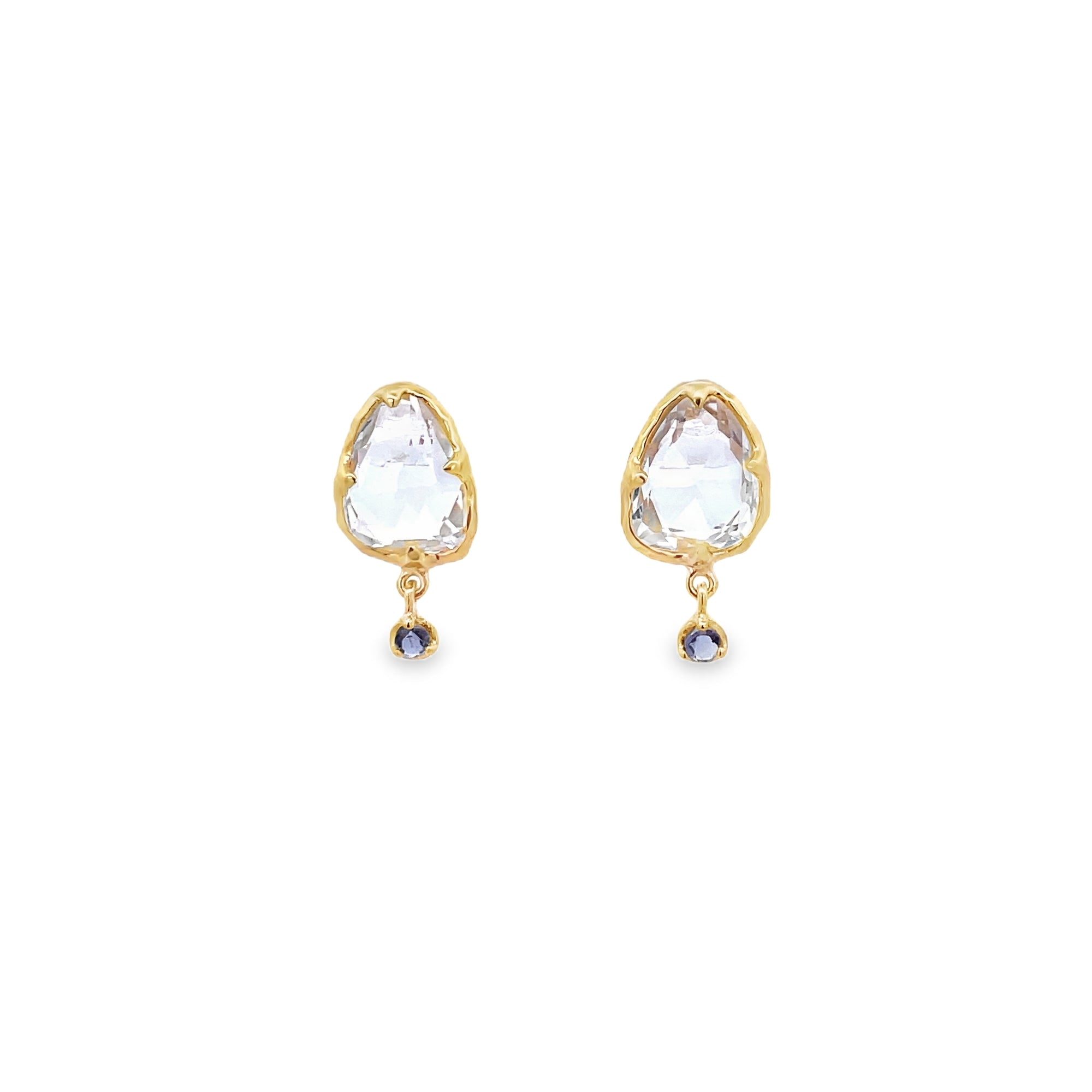 925YG OVAL IRREGULAR BEZEL ROCK CRYSTAL BIRTHSTONE IOLITE EARRING - C'SANTOS