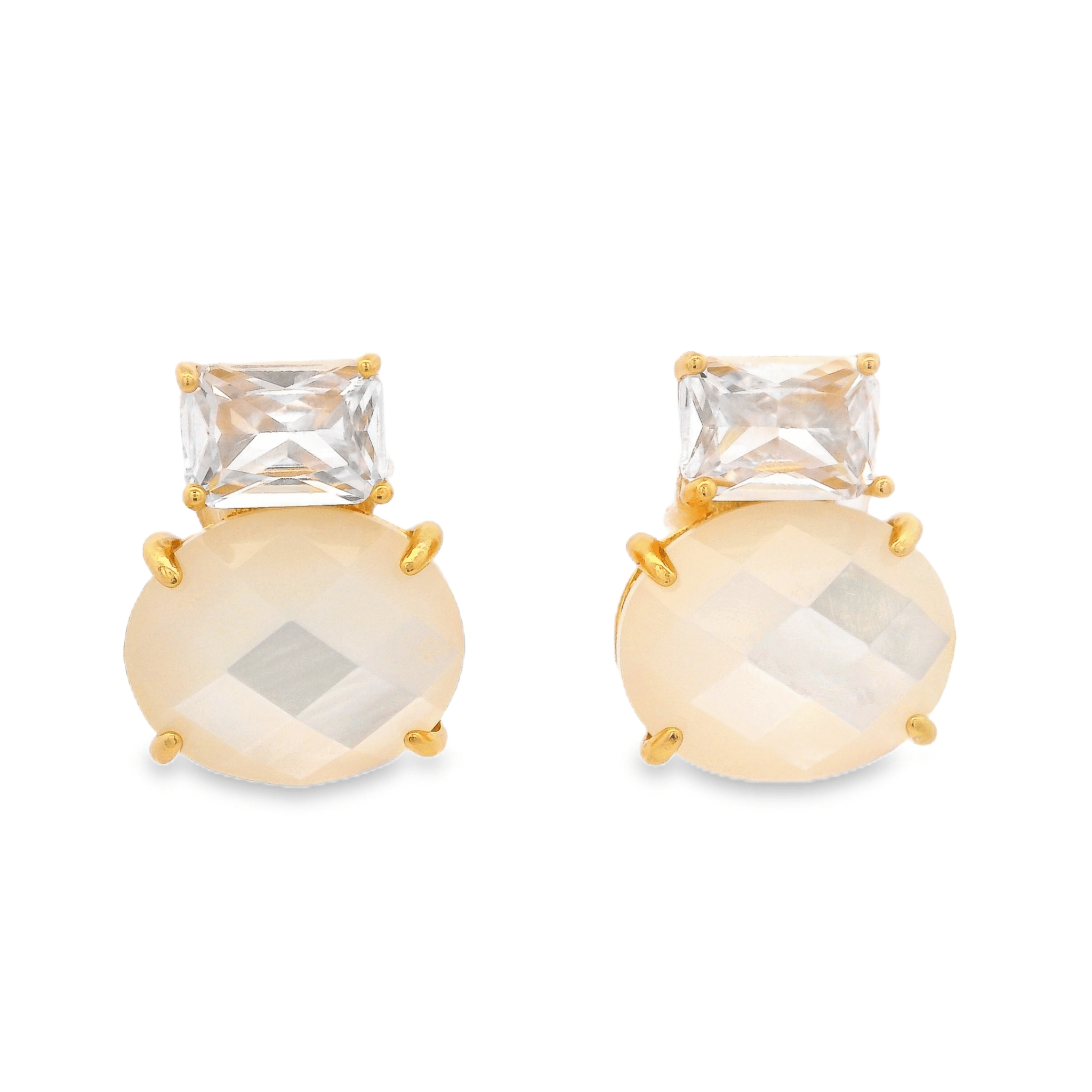 925YG SQUARE AND ROUND EARRINGS MOP & CZ - C'SANTOS