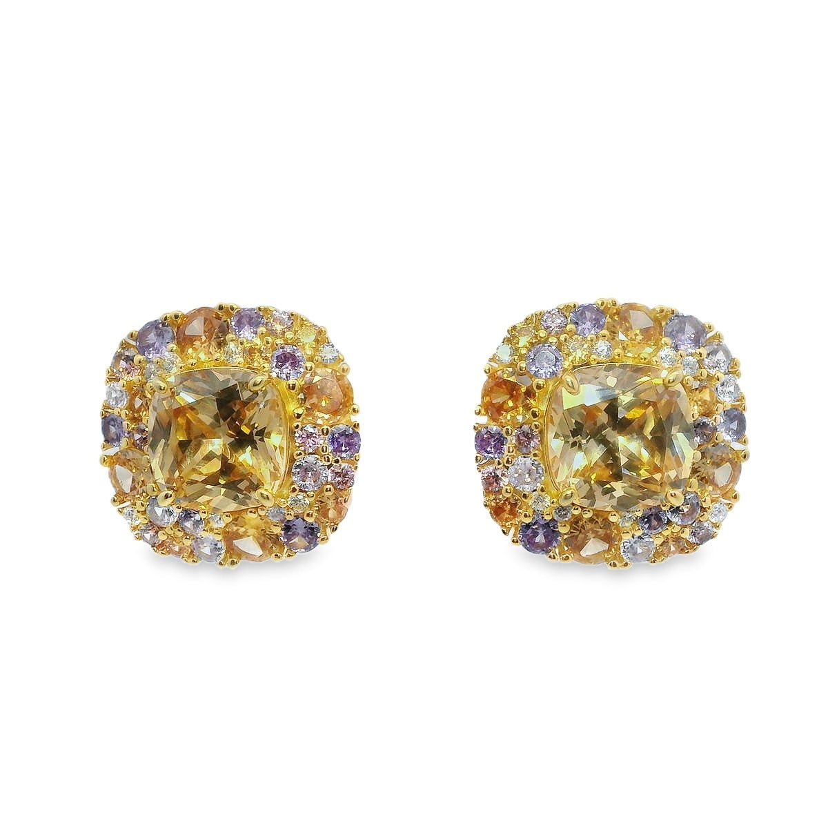 925YG SQUARE CHAMPAGE WITH CLUSTER MULTICOLOR CZ EARRINGS - C'SANTOS
