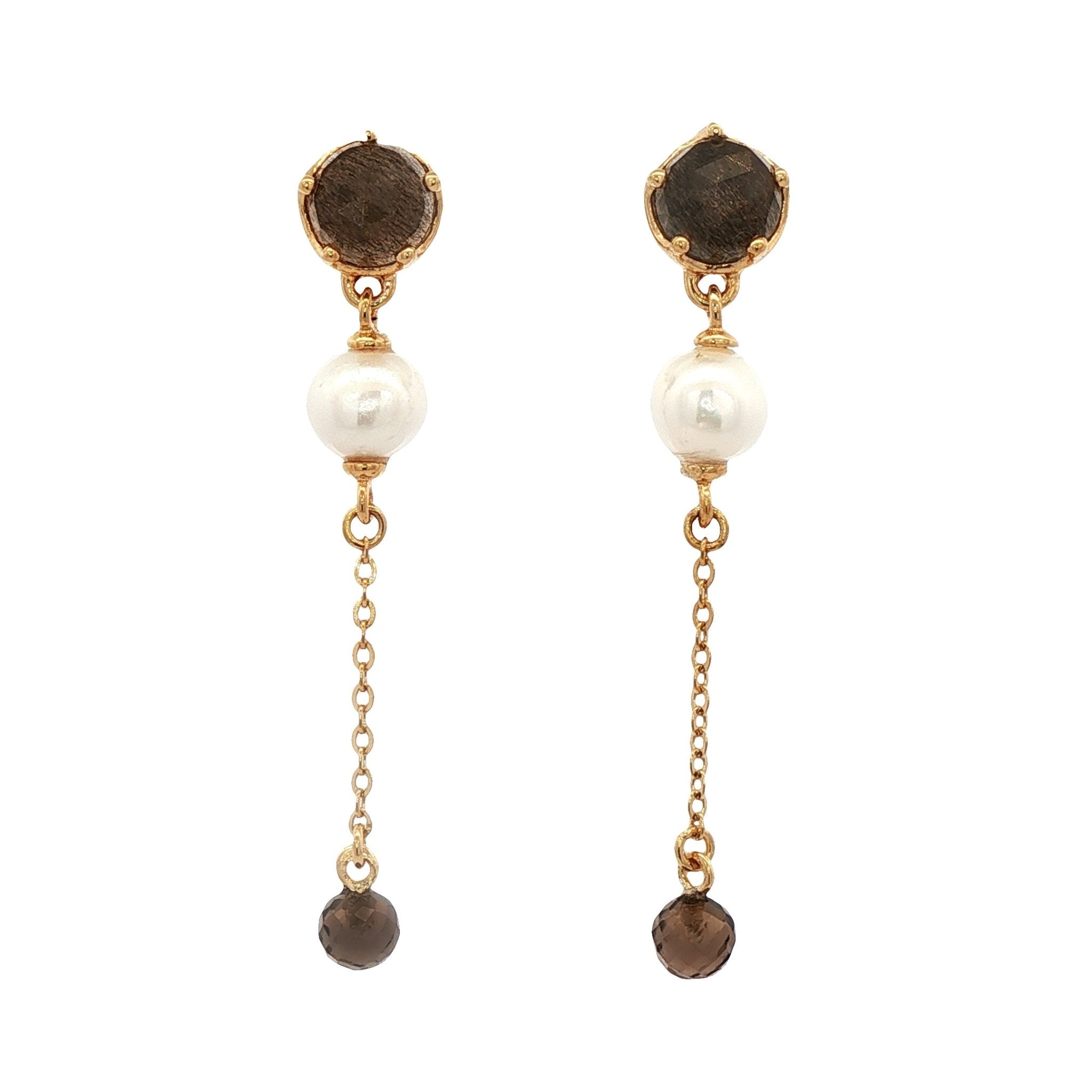 925YG STUD LABRADORITE BLACK PEARL CHAIN SMOKY EARRINGS - C'SANTOS