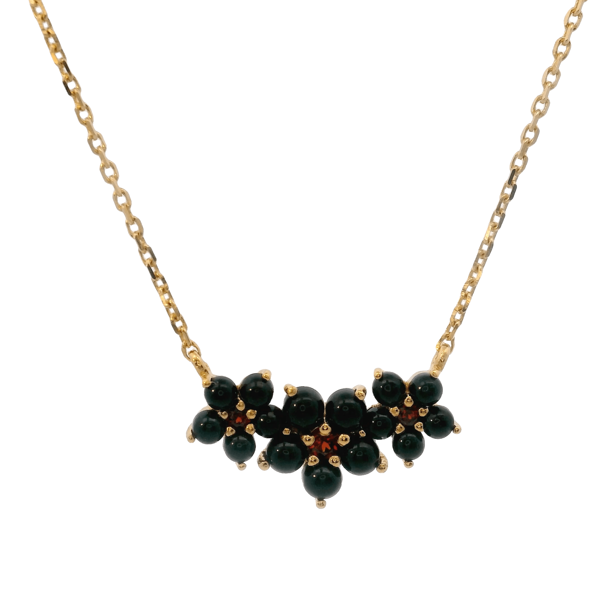 925YG TRIPLE FLOWER CENTER 8MM ONYX BLACK CENTER GARNET NECKLACE - C'SANTOS