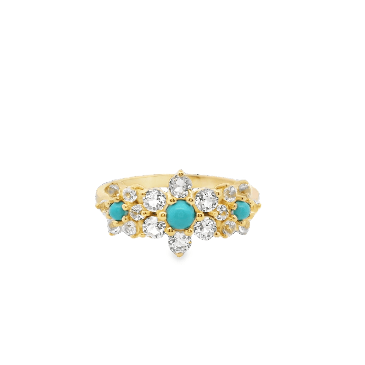 925YG TRIPLE FLOWER TURQUOISE SYN CENTER TOPAZ WHITE RING T6.5 - C'SANTOS