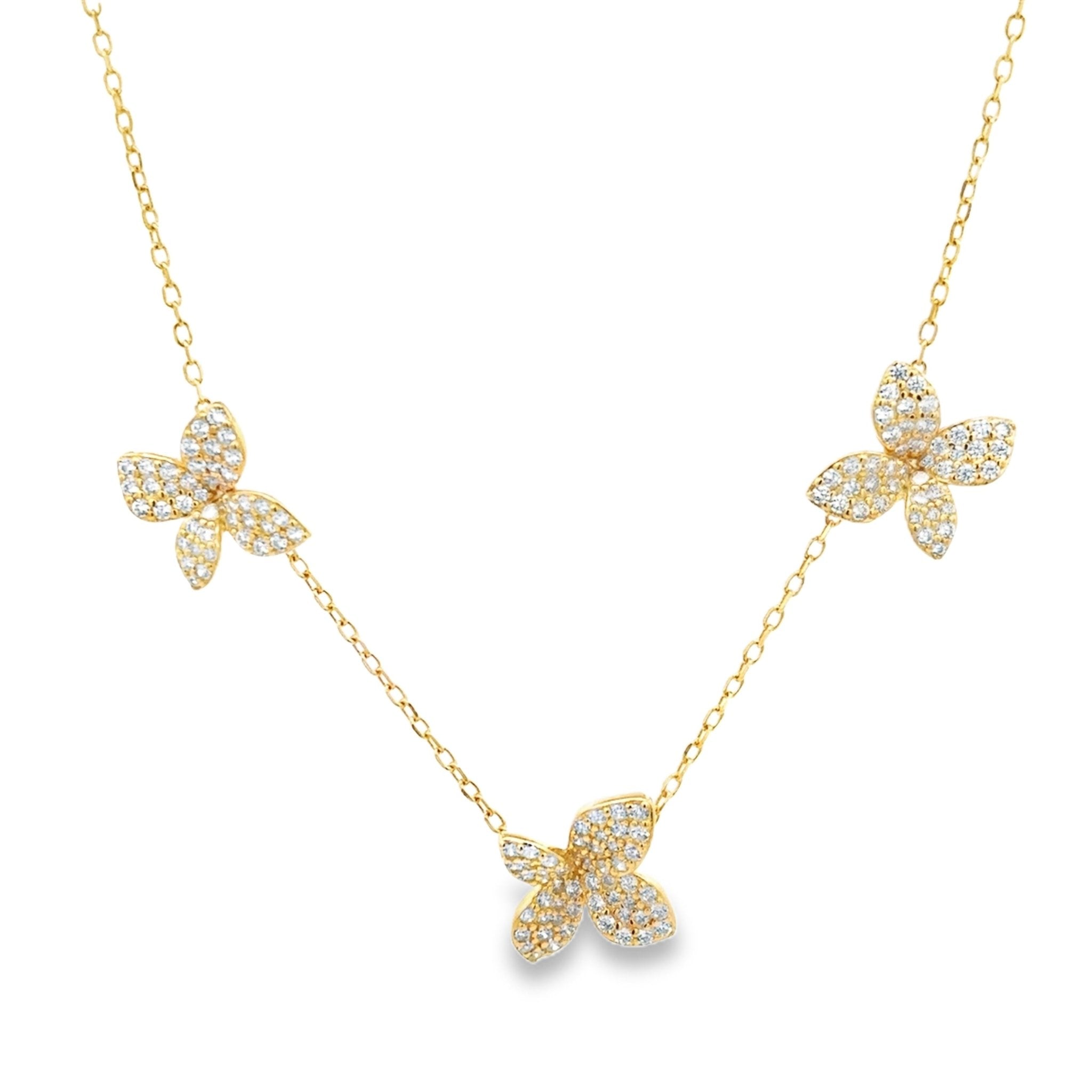 925YG TRIPLE LEAF WHITE CZ NECKLACE - C'SANTOS