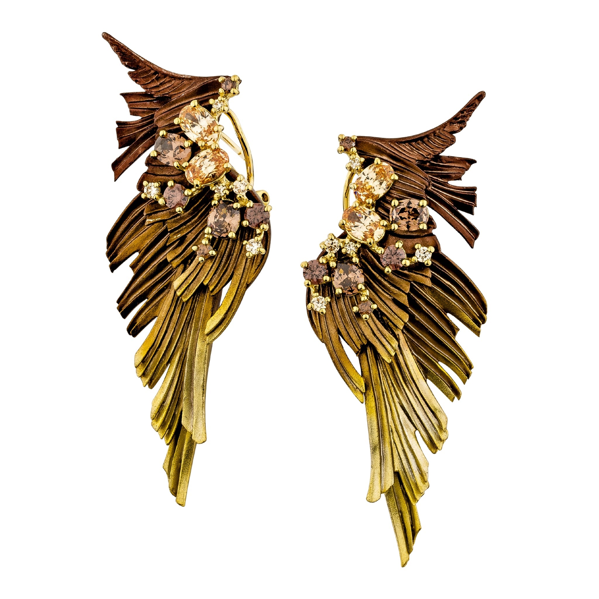 925YG WINGS ALUMINIUM BROWN STONE CHAMPANGE BROWN EARRINGS - C'SANTOS