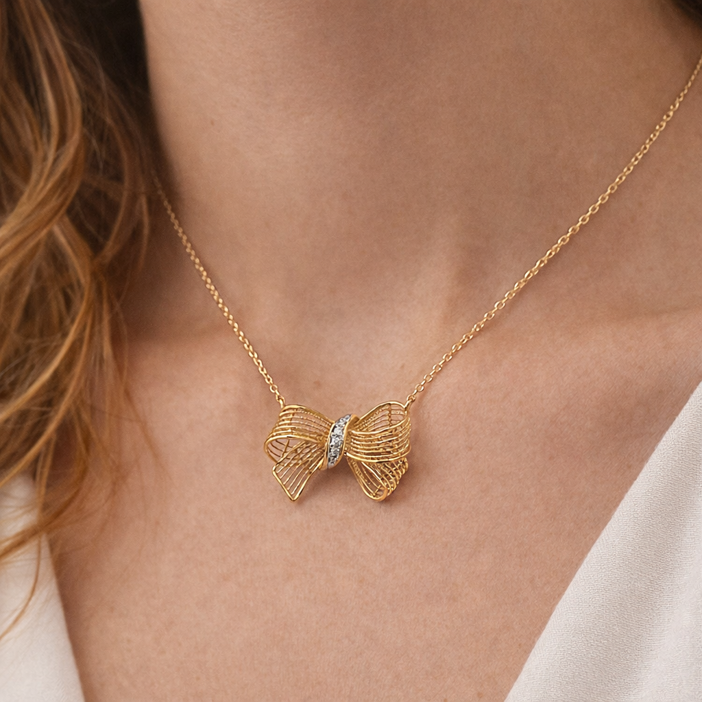 D0.02CT 14KY MESH BOW NECKLACE