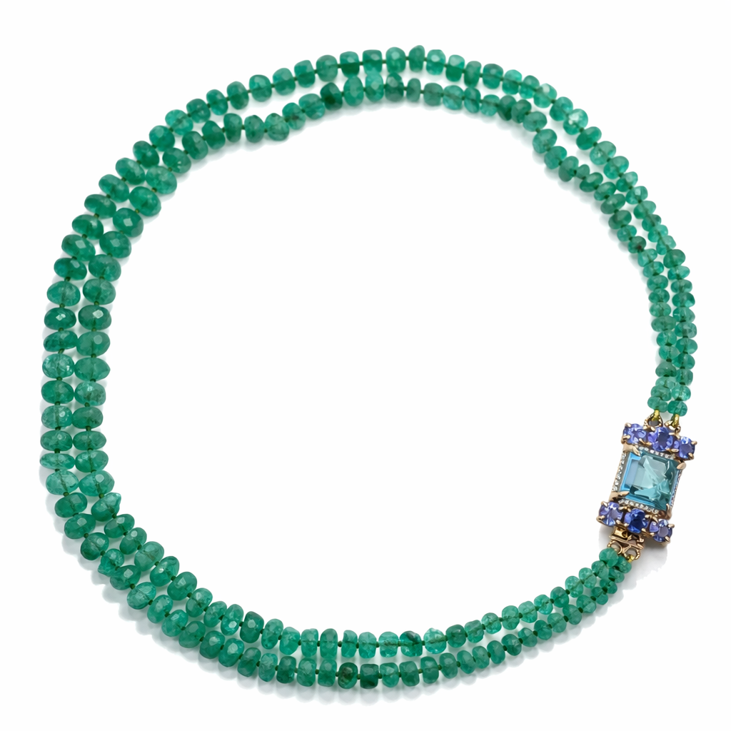 D0.16CT 14KY  EMERALD BEAD NECKLACE 245CT LIGHT BLUE TOPAZ 9.5CT AND TANZANITES 2CT
