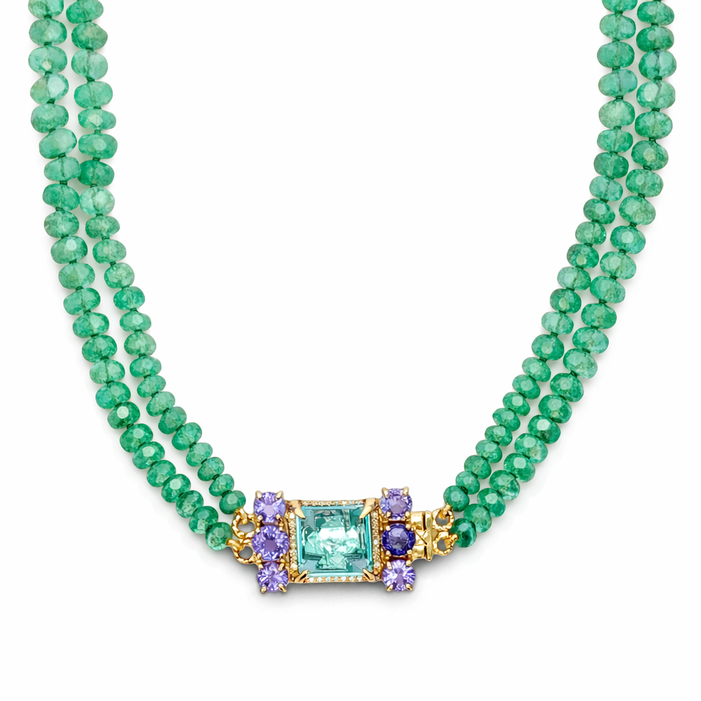 D0.16CT 14KY  EMERALD BEAD NECKLACE 245CT LIGHT BLUE TOPAZ 9.5CT AND TANZANITES 2CT