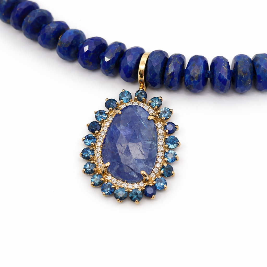 D0.17CT 14KY NECKLACE LAPISLAZULI TANZANITE CHARM 5.5CT AND BLUE SAPPHIRES HALO