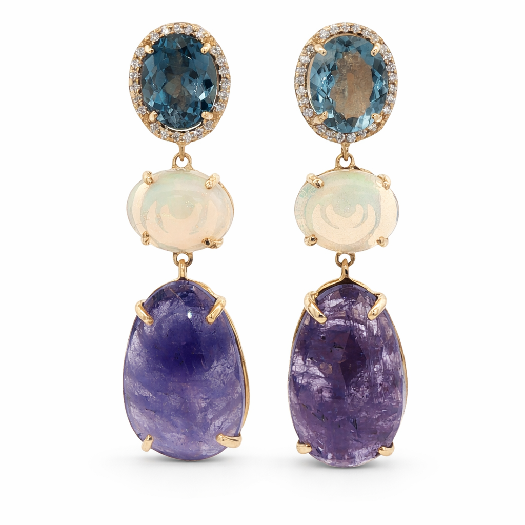 D0.25CT 14KY EARRINGS TANZANITE 4CT OPAL 3CT  LONDON BLUE TOPAZ 2.5CT