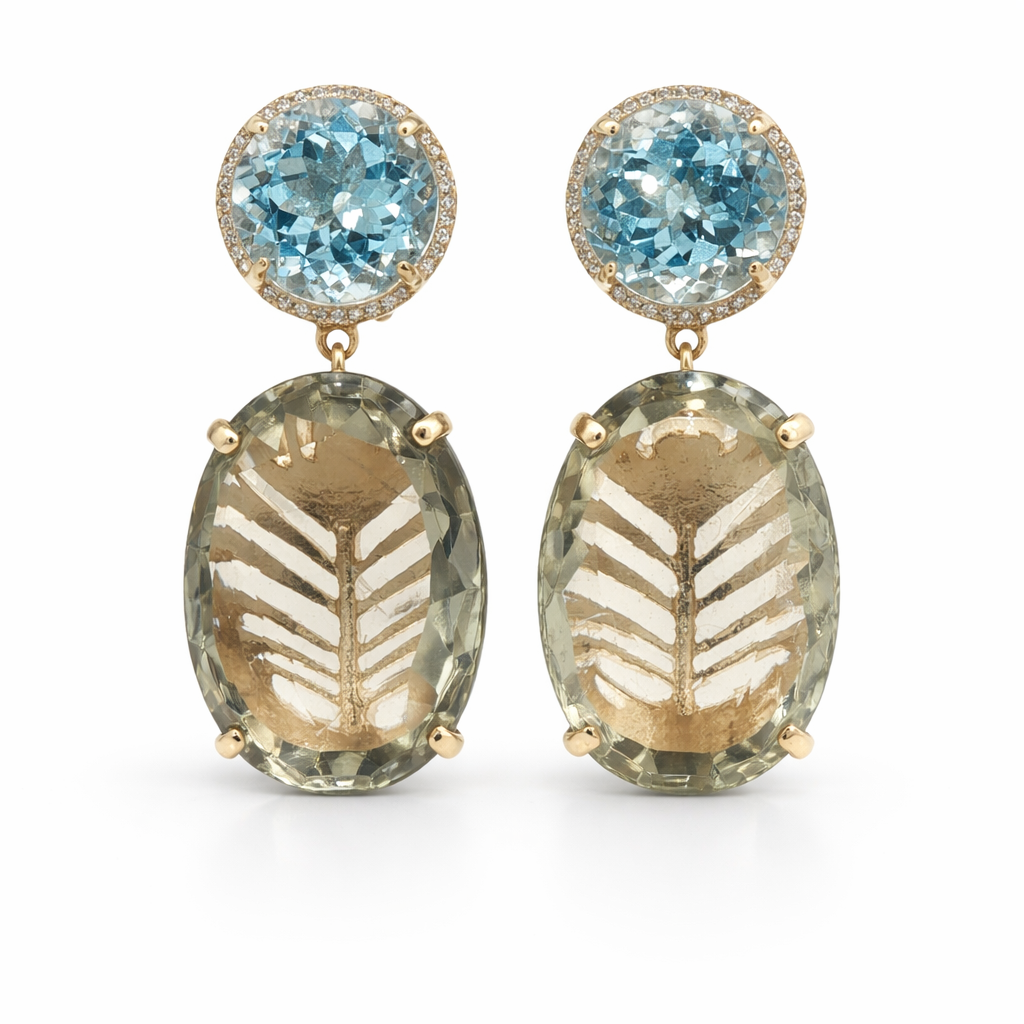 D0.36CT 14KY EARRINGS LIGHT BLUE TOPAZ 3.9CT AND APATITE