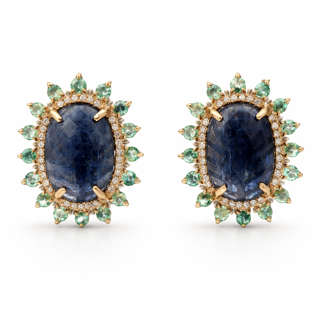 D0.31CT 14KY EARRINGS KYANITE 3.5CT AND EMERALDS