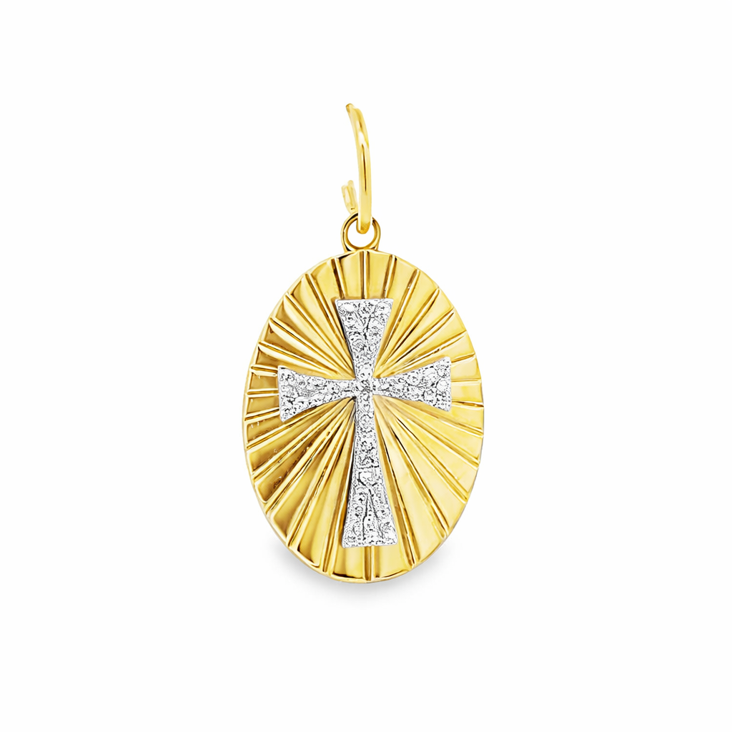 D0.10CT 14KY OVAL STRIPED CROSS PAVE CHARM