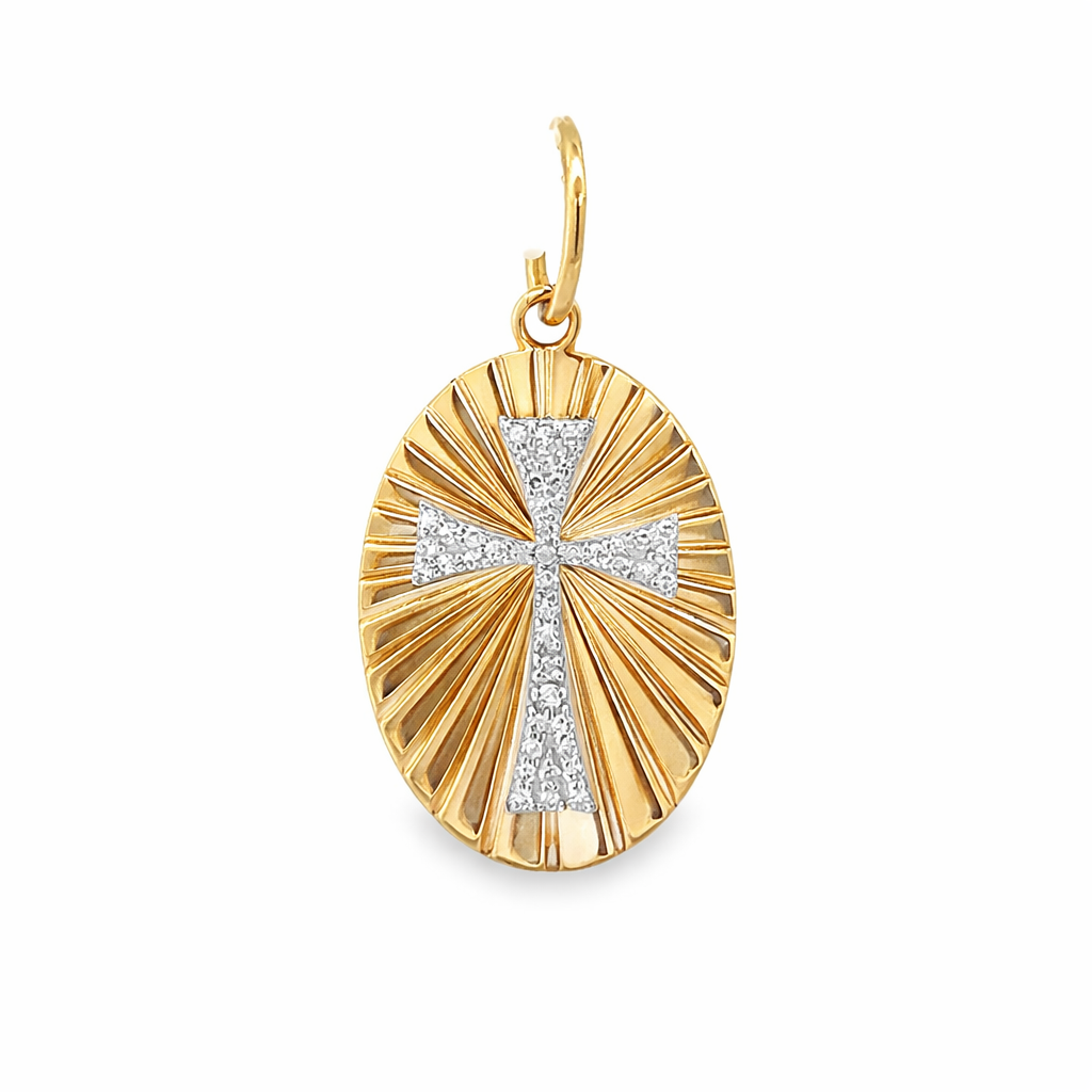 D0.09CT 14KY OVAL STRIPED CROSS PAVE PENDANT