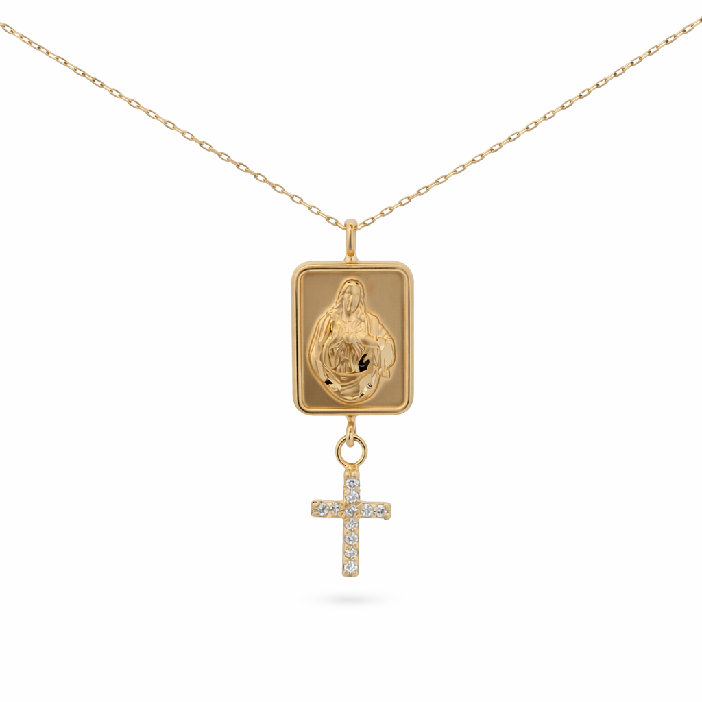 Collar Corazón de Jesús y Cruz en Oro 14K
