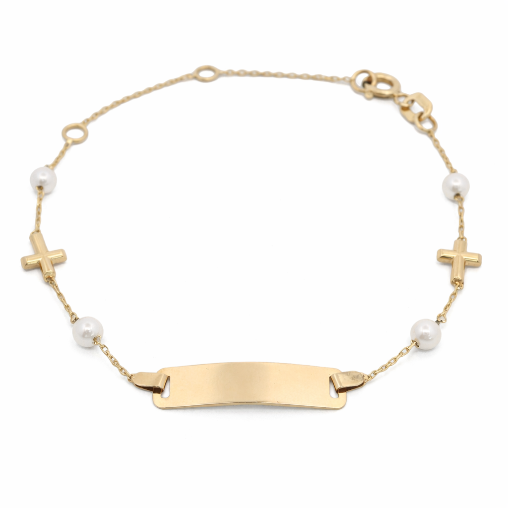 14KY BAR ENGRABLE WITH PEARL AND MINI CROSS BRACELET
