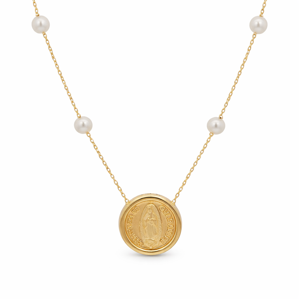 Collar Virgen de Guadalupe en Oro 14K con Perlas