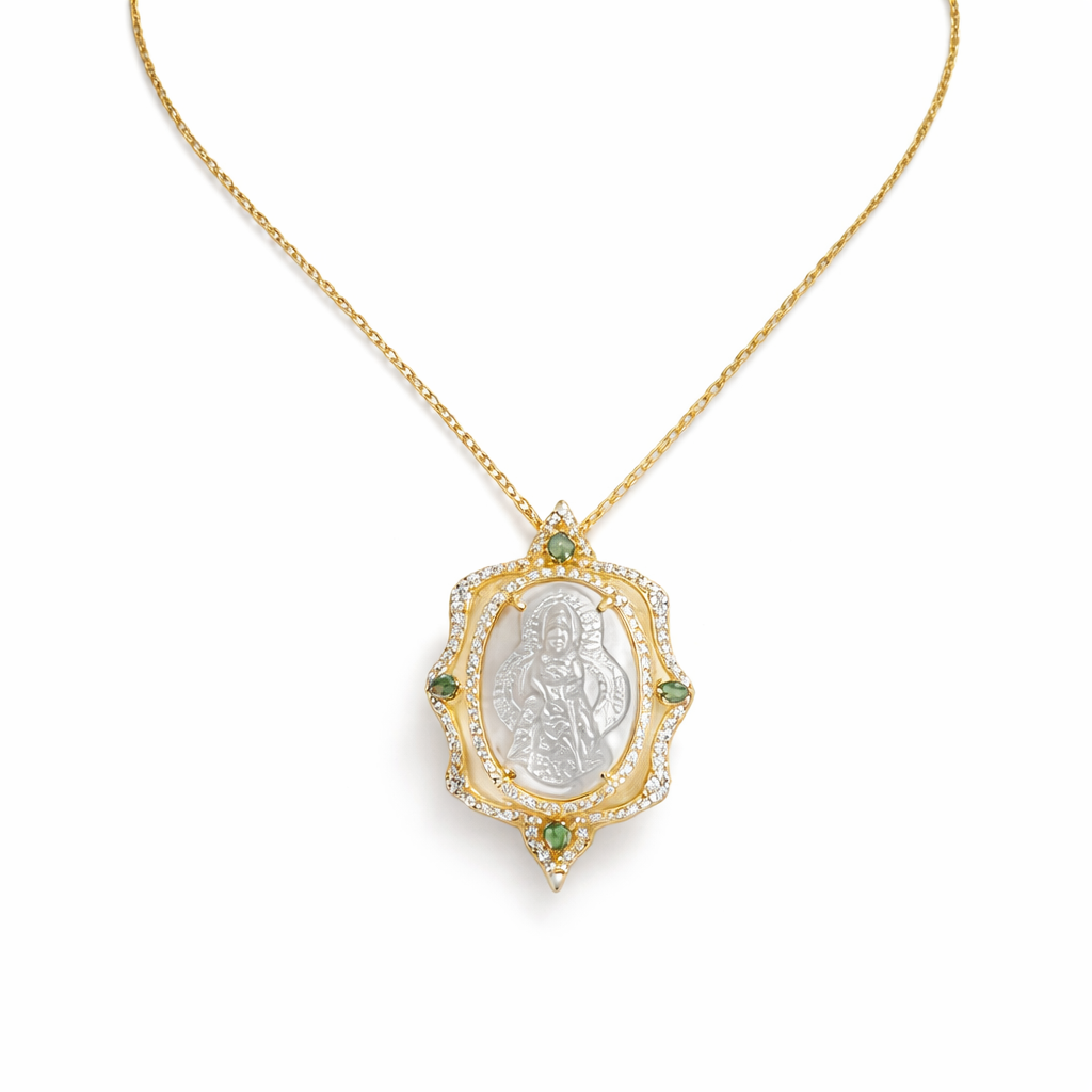 NECKLACE 925 SILVER VIRGIN OF THE ROSARY WITH STONES AQUA