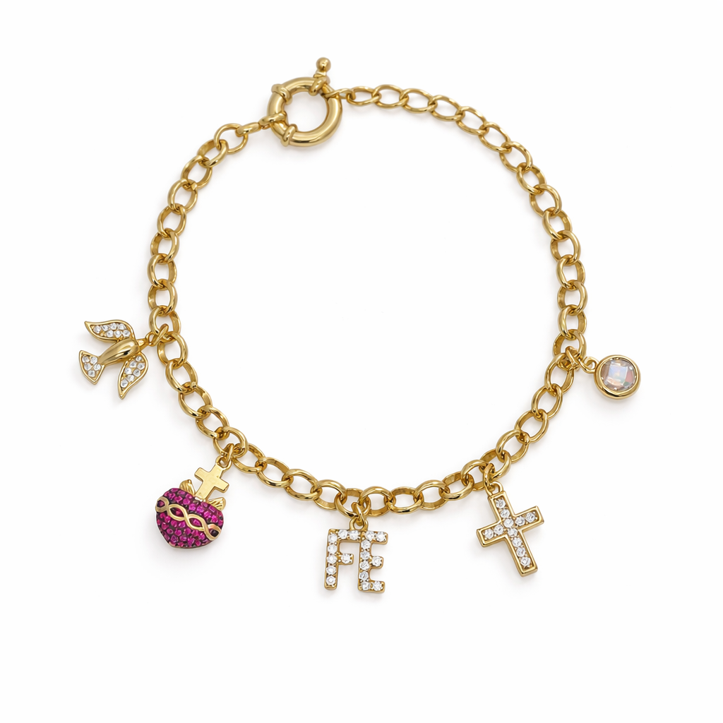 925YG MULTICHARMS RELIGIOUS HEART FUSHIA FE CROSS BRACELET